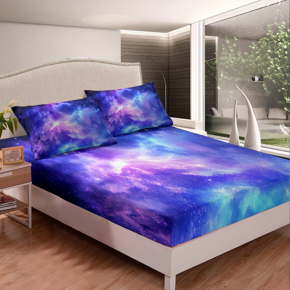 Purple Galaxy Bedding Set Twin Kids Teens Girls Boys Starry Sky Fitted Sheet Space Universe Star Design, Soft Breathable Home Decorative 2 Pcs Bed Sheets with 1 Pillowcase,Top Sheet not Included