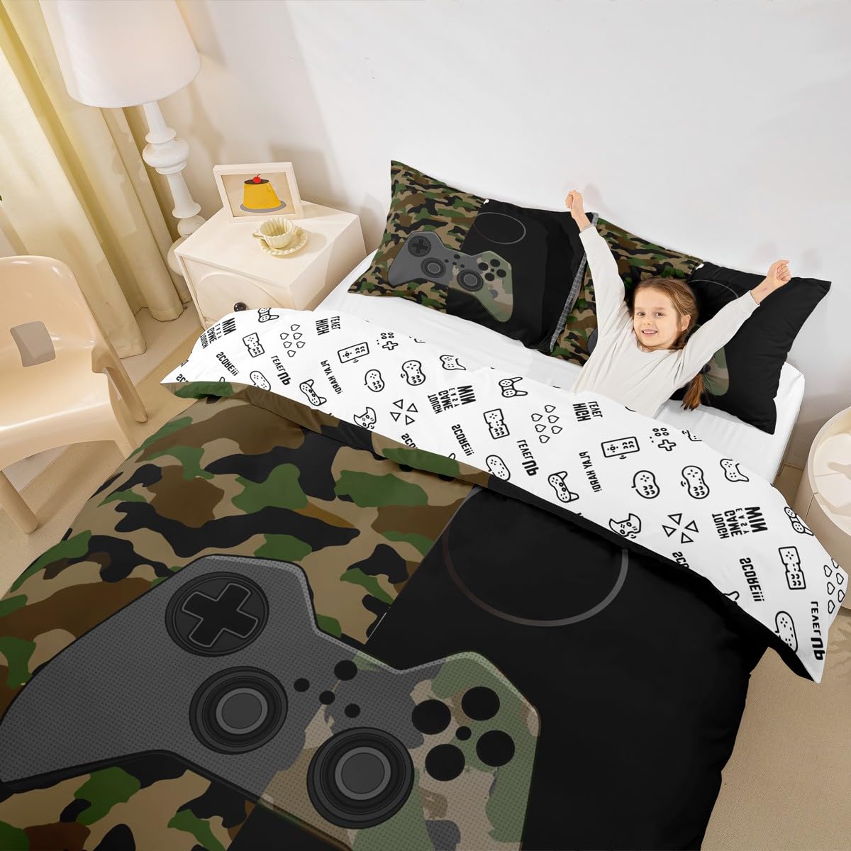 Gamer Bedding Set Teens Boys Camouflage Gamepad Printed Comforter Cover Army Green Video Games Decor Player Gaming Duvet Cover for Adult Girls Kids Camo Game Console Pattern Soft Bespread, King Size