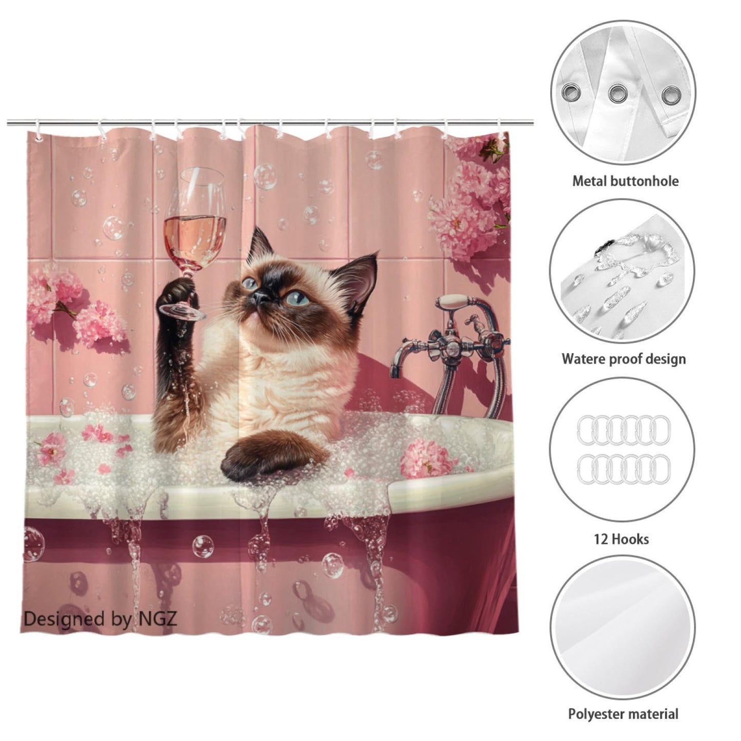 NGZ Funny Siamese Cat Shower Curtain, SPA Siamese Cat with Wine, Pink Shower Curtain, 72x72 Inches Floral Shower Curtains for Bathroom, Bath Curtains Set with 12 Hooks