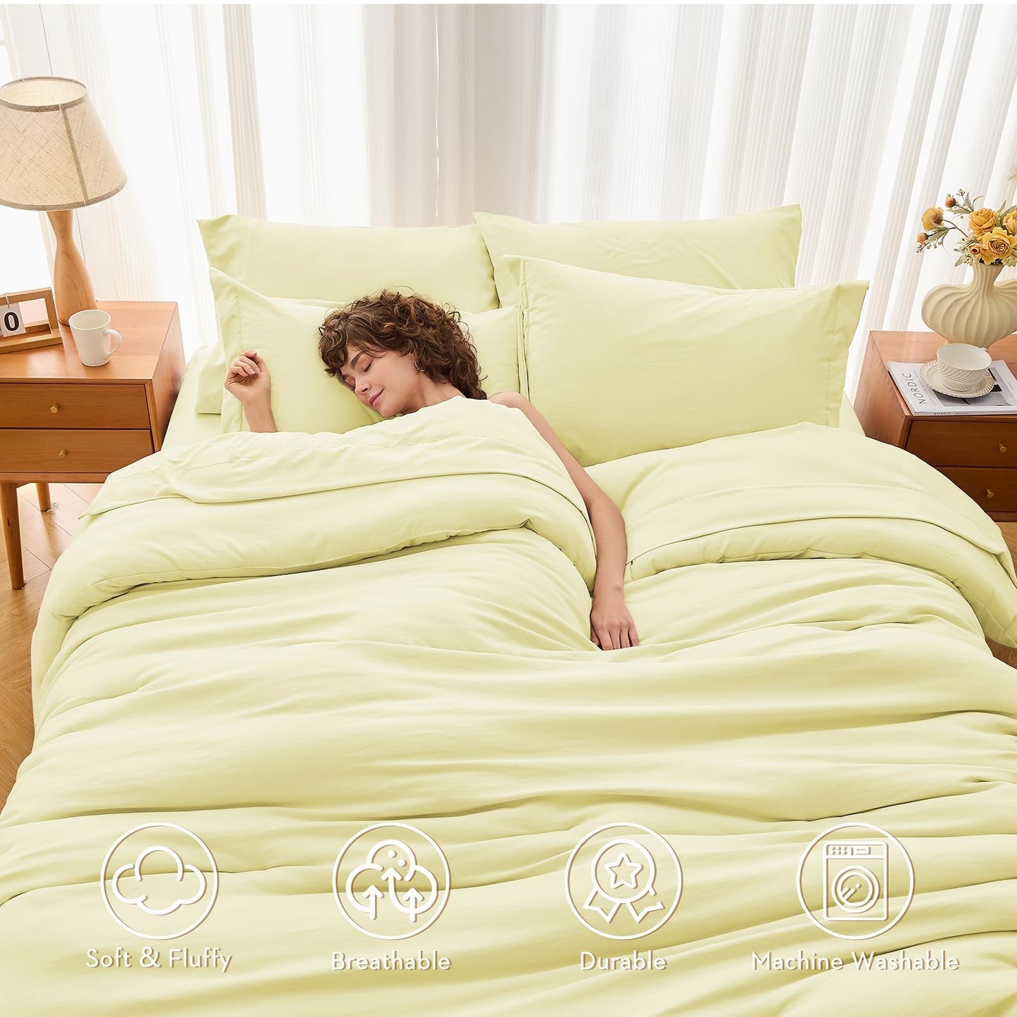 MUXHOMO 7 Pieces King Comforter Set, Soft Bed in a Bag King Size, All Season Bedding Set with Comforter, Flat Sheet, Fitted Sheet, Pillowcases & Shams, Cream Yellow