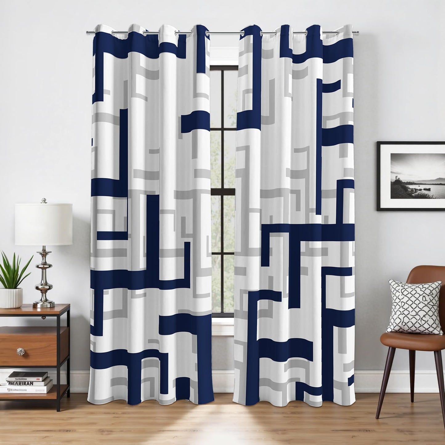 weesire Modern Blackout Curtains for Bedroom Living Room 2 Panels 100% Blackout Blue and White Pattern Curtains Abstract Curtains, 52x84 Inches