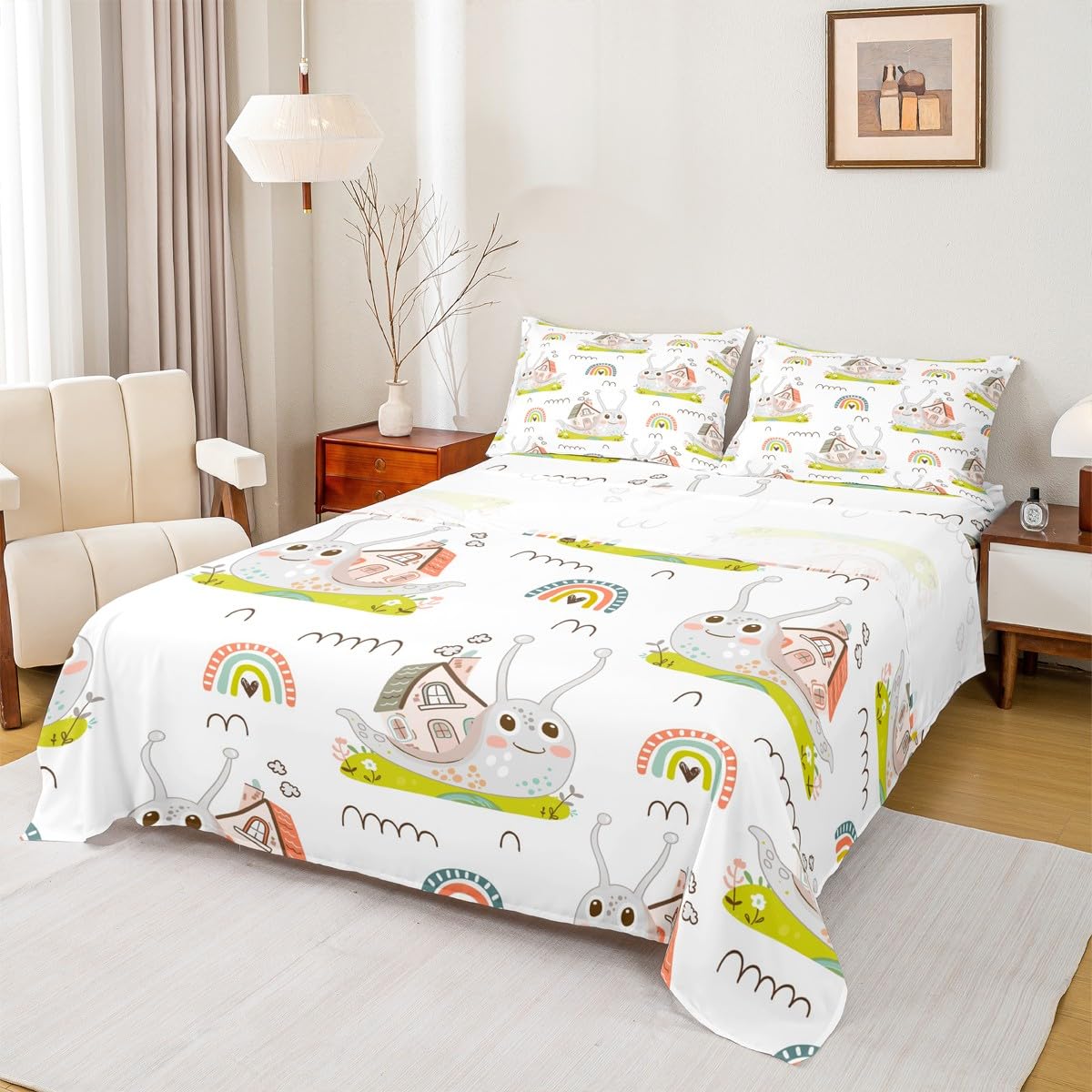 Homewish Cute Snail Bedding Set Twin Size Cartoon Rainbow Bed Sheet 3Pcs for Kids Girls Boys Teens Room Decor,Nature Spring Animals Fitted Sheet Pink Green Stripes Top Flat Sheet,1 Pillowcase