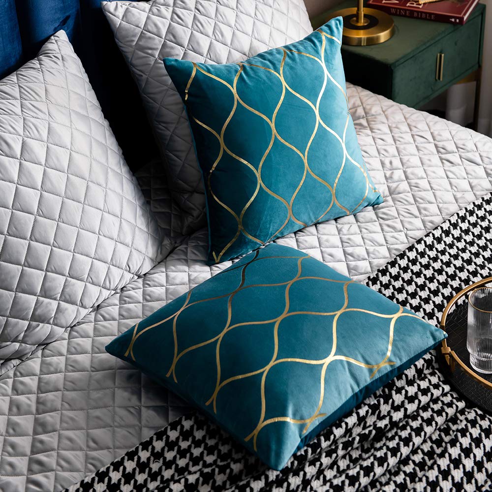 DEZENE 20x20 Inch Gold Velvet Throw Pillow Covers: 2 Pack Square Decorative Pillow Cases for Bedroom Sofa Couch Living Room, Turquoise