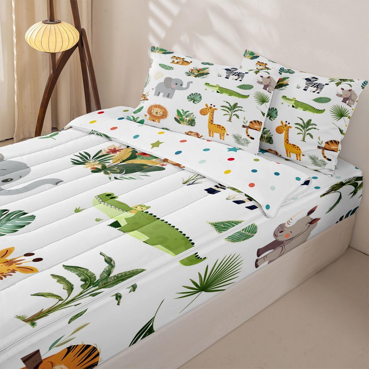 Erosebridal Wild Animals Zip Up Bedding Set Twin Safari Animals Zipper Comforter Set with Sheets Boys Girls Cute Crocodile Lion Bed in a Bag Cartoon Elephant Giraffe Tropical Bed Sets