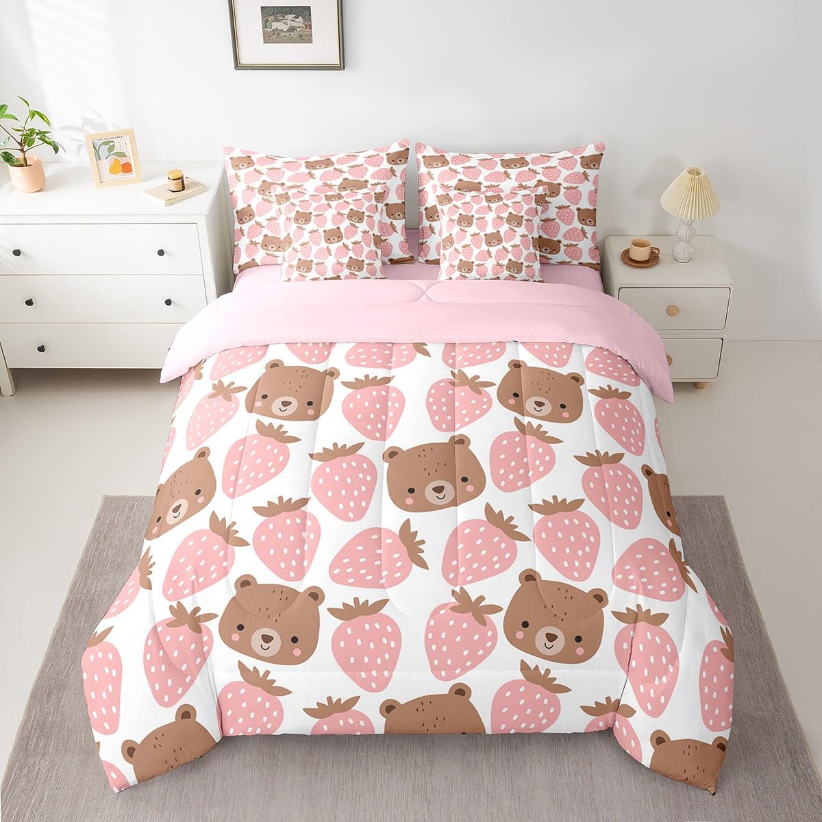 Cute Bear 7Pcs Comforter Set Full Size,Pink Strawberry Bedding Set for Kids Girls Boys Teens Room Decor,Cartoon Animals Bed in a Bag Sweet Pink Fitted Sheet Flat Sheet,2 Throw Pillow 2 Pillowcases