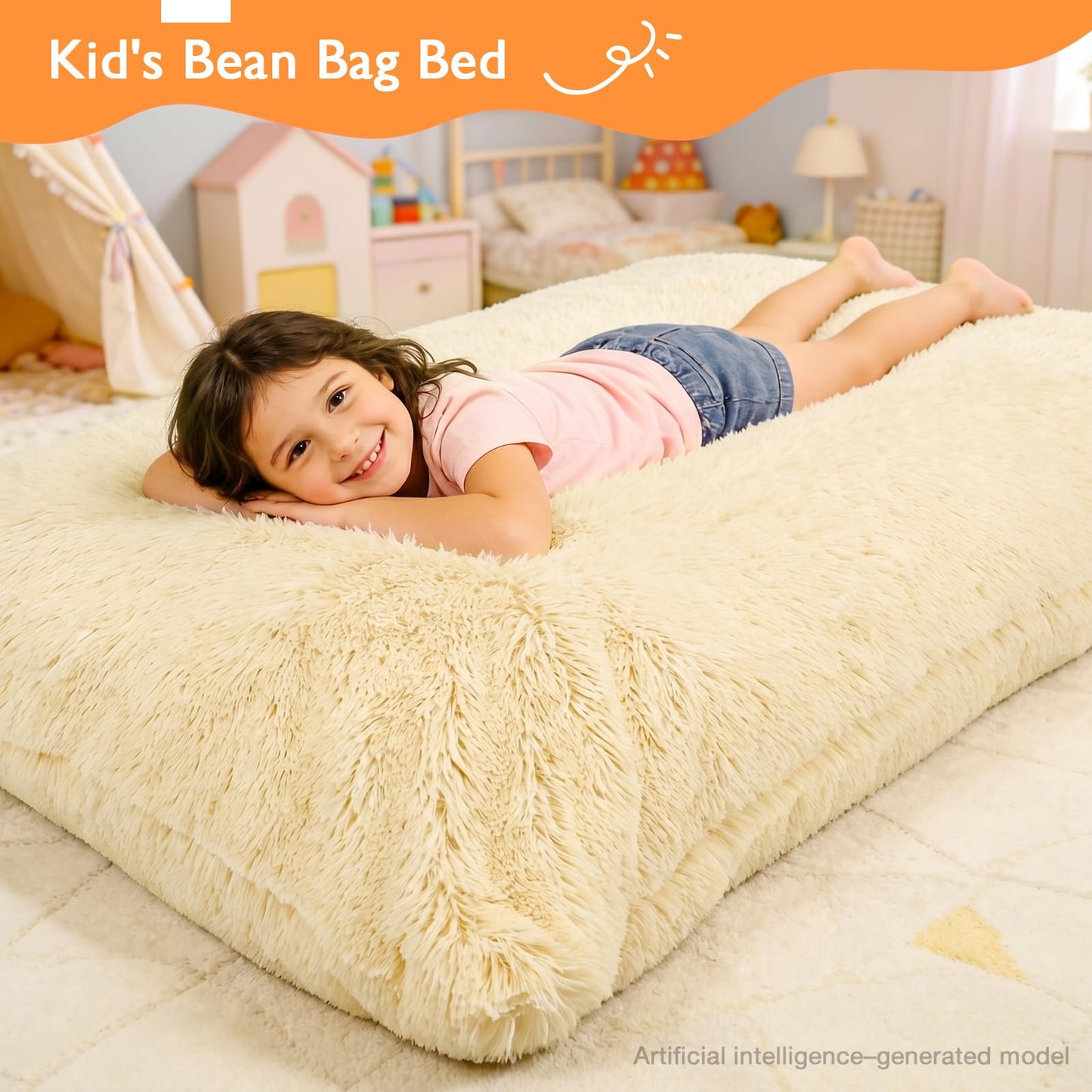 Treokion 3 in 1 Kids Bean Bag Chair Bed, Kids Fluffy Stuffed Floor Pillow for Gaming and Reading, Ultra Soft Faux Fur Fabric Bean Bag Chairs to Lounger for Playroom, Living Room, Bedroom, Beige