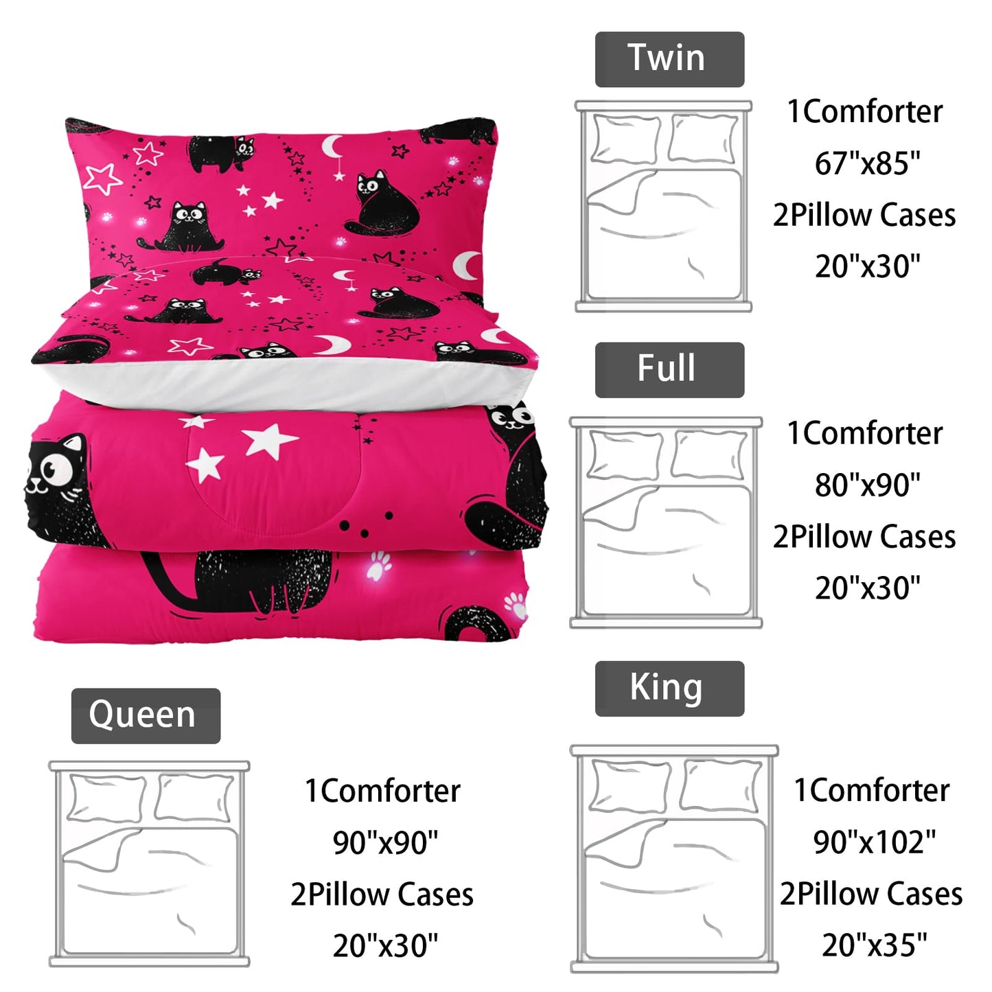 Nttopship Pink Cartoon Cat Comforter Twin Size,Black Cats Moon Night Starry Sky Quilt Set for Girls Boys Teens Animals Print Room Decor Soft Microfiber Comforter and 2 Pillowcases
