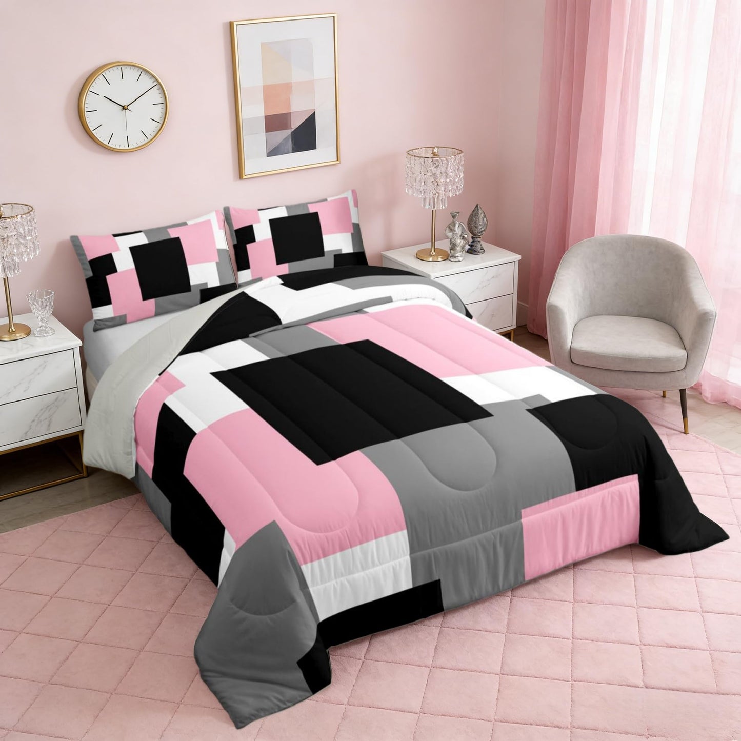 Castle Fairy Modern Abstract Art Kids Comforter Set Queen Size,Pink Grey Black Super Soft Microfiber Bedding Set for Adults Men,Geometric Grid Square Splicing Decorative Comforter Set,3 Pcs
