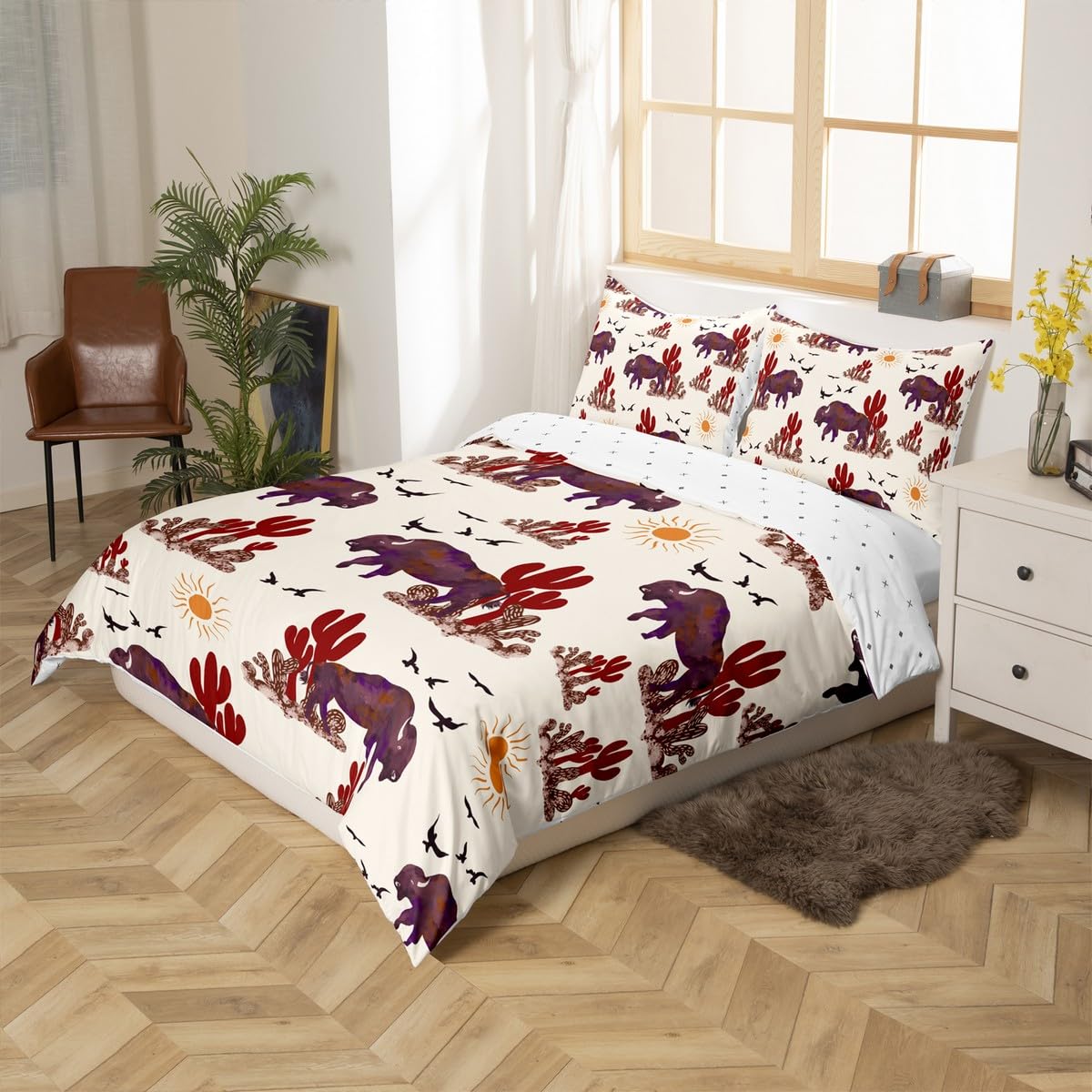Feelyou Buffalo Ranch North American Bisons Duvet Cover Set Full Size Western Bedding Sets Rustic Country Cabin Southwestern Animal Comforter Cover Set Kids Boys Brown Cream Farmhouse Quilt Cover