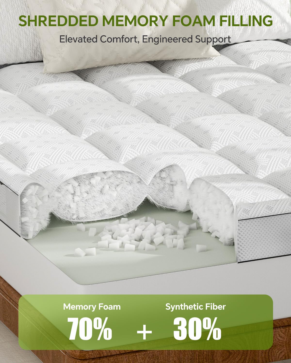 Qocismile Queen Mattress Topper,3 Inch Thick Pillow Top Mattress Pad,Bamboo Rayon Breathable Cover,Soft Queen Size Shredded Memory Foam Fill Bed Topper for Comfort Sleep Full Support Pressure Relief