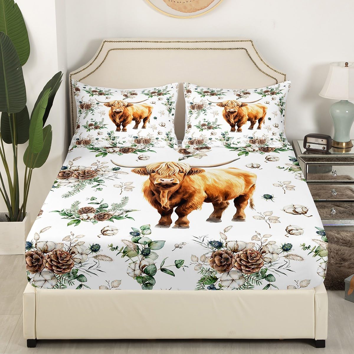 Cute Highland Cow Bed Sheet Set for Kids,Rustic Style Pinecone Fruits Sheets Set,Farmhouse Theme Cattle Animal Home Decor Sheet Sets with Deep Pocket,Top Sheet,1 Pillow Case,Twin