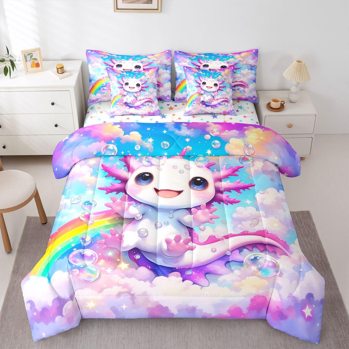 Girls Cute Axolotl Queen Bedding Set Kids Cartoon Axolotl Comforter Set with Flat and Fitted Sheet for Preteen Teens Galaxy Cloud Blue Sky 7-Piece Bed in a Bag Princess Dreamy Rainbow Quilt Sets