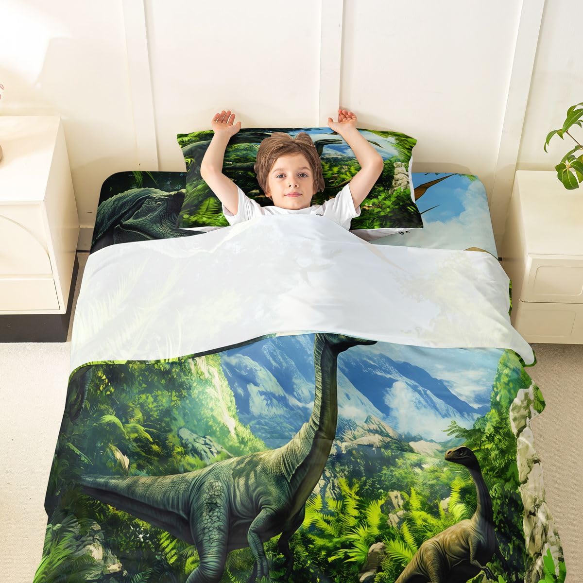 Feelyou Dinosaur Bed Sheets Sets Twin Size Kids Boys Girls 3D Digital Print Bedding Set Jungle Dino Bed Sheet Set with 16-Inch Deep Pockets Wild Animal 3Pcs with 1 Pillow Cases Green Blue White