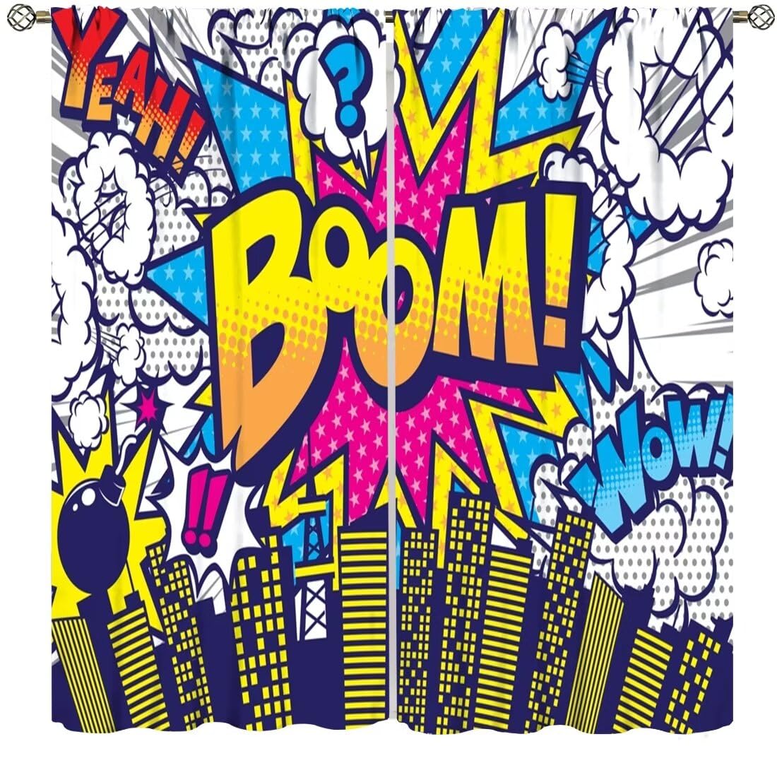 Hero Window Curtains,Comic Art Style Buildings Cityscape Cartoon City Window Treatments for Kids Boys Girls Bedroom Nursery Décor Drapes 2 Panel Sets Total Size 42" x 45"