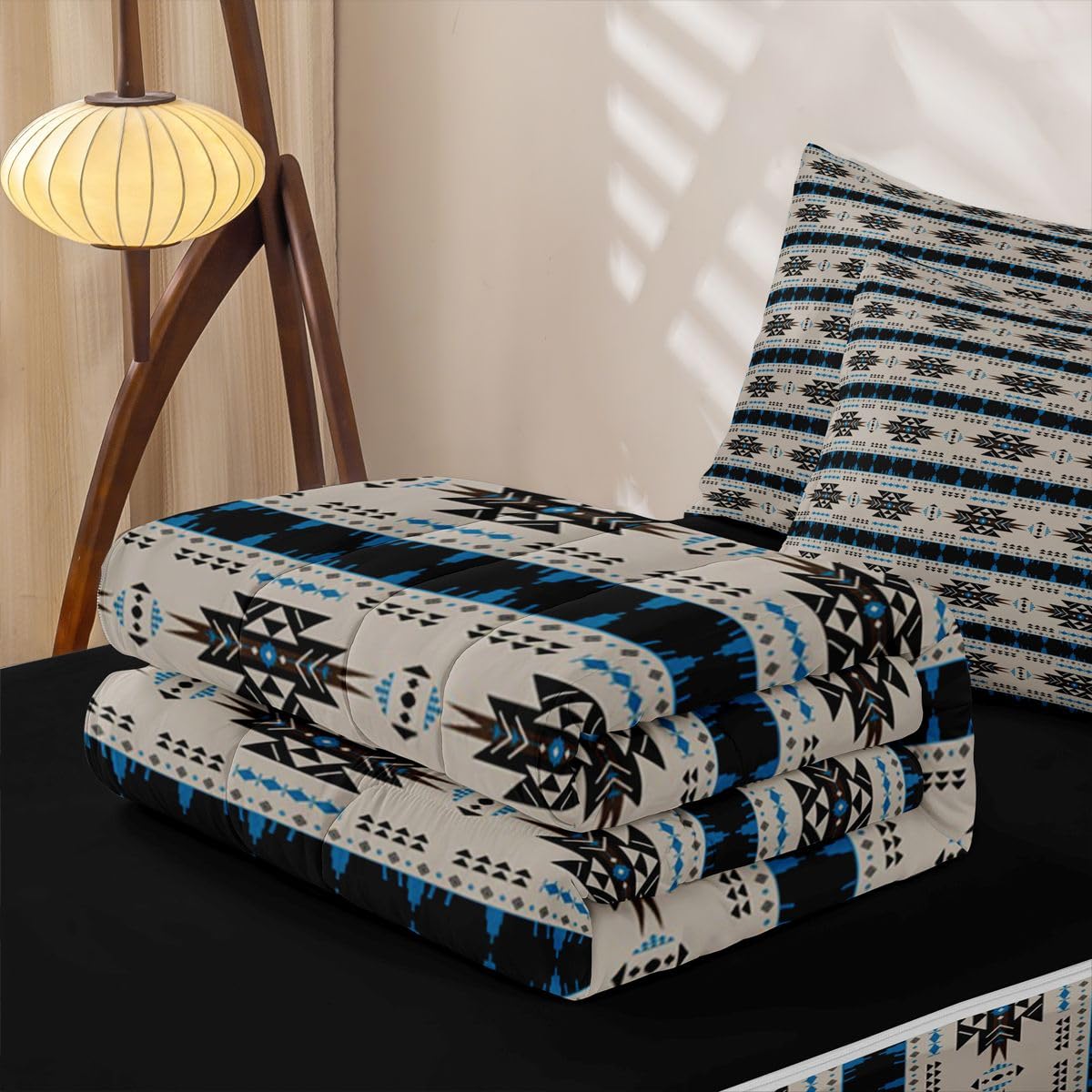 Western Zipper Bedding Set Queen Zip Up Bedding Ethnic Tribal Arrow Comforter Set with Sheets for Boys,Vintage Exotic Geometric Triangle Bed in a Bag African Indian Tribal Sriped Bed Sets Brown Blue