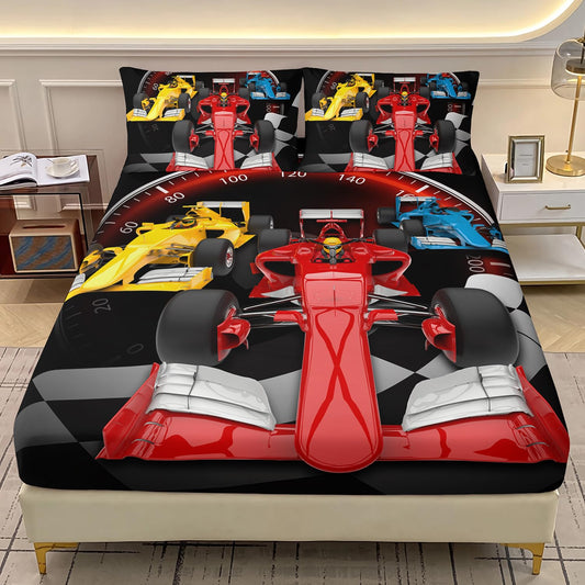 AILONEN Red Racing Car Fitted Sheet Set,Black and White Grid Extreme Sport Bed Sheet Set Queen Size,Speed Dial Pattern Bedding Set for Kids Boys,1 Fitted Sheet 2 Pillowcases,3-Piece,Soft Microfibre