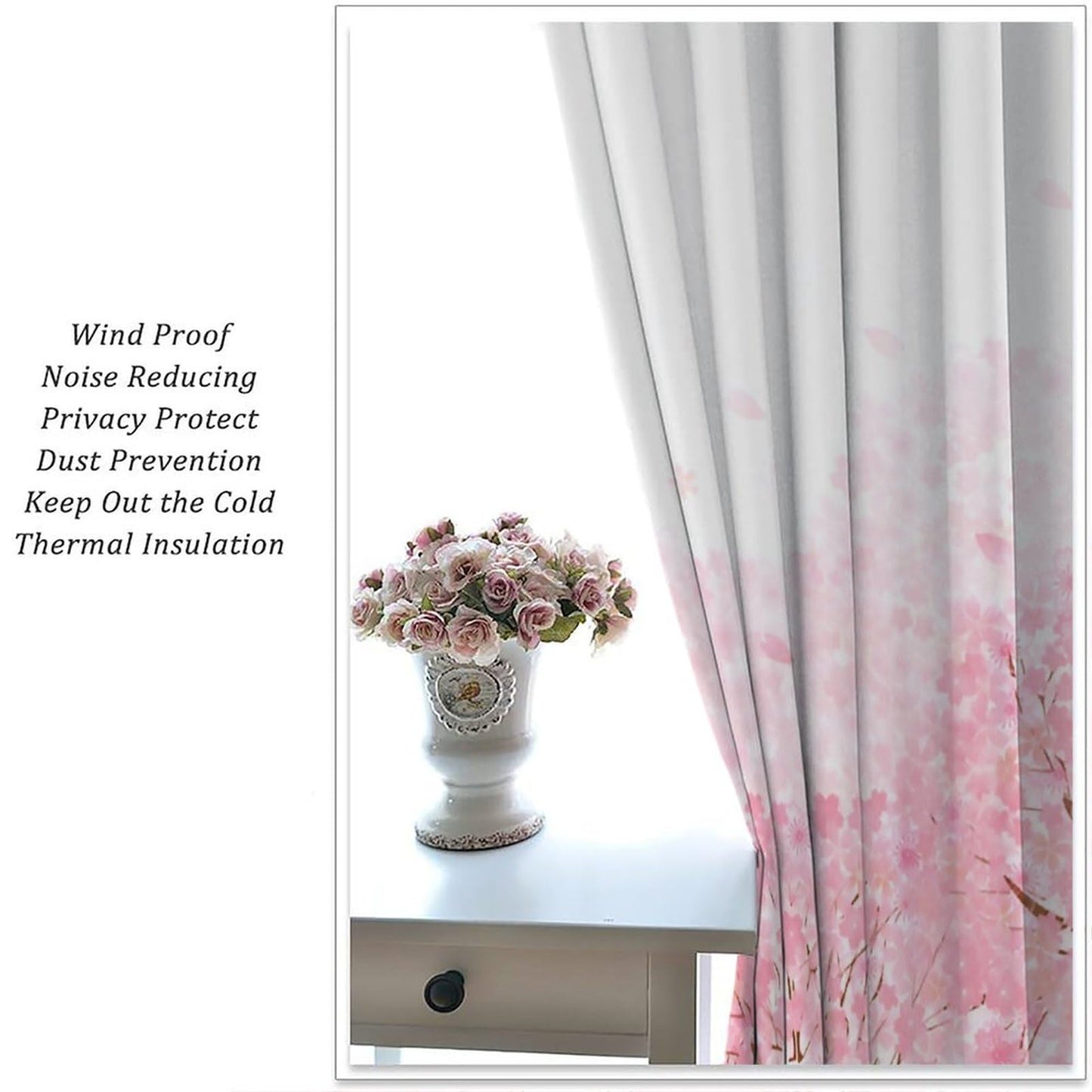 Mchenxin Cherry Blossom Window Curtains, Spring Pink Cherry Blossom Tree Flowers Falling Petals Japanese Asian Style Window Drapes for Kitchen Bedroom, 42x45in (No Blackout)