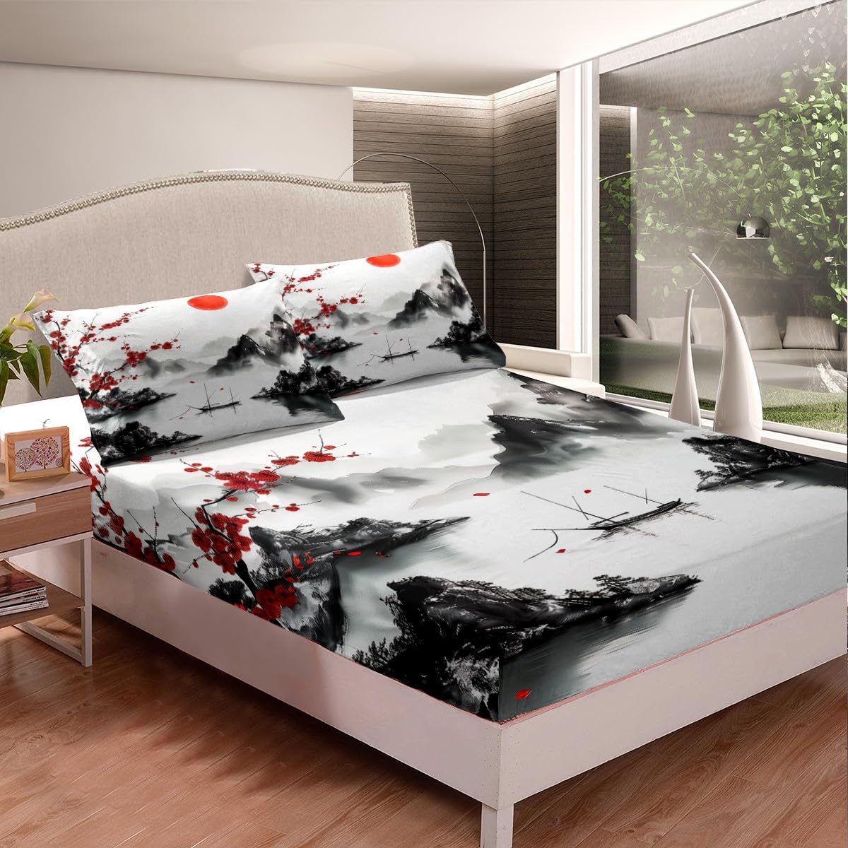 Feelyou Japanese Ukiyoe Theme Bedding Sheets Full Cherry Blossom Bed Sheet Set for Adult Kids Watercolor Fitted Sheet Natural Landscape Bed Cover 3Pcs,1 Fitted Sheet+2 Pillow Sham（No Flat Sheet）