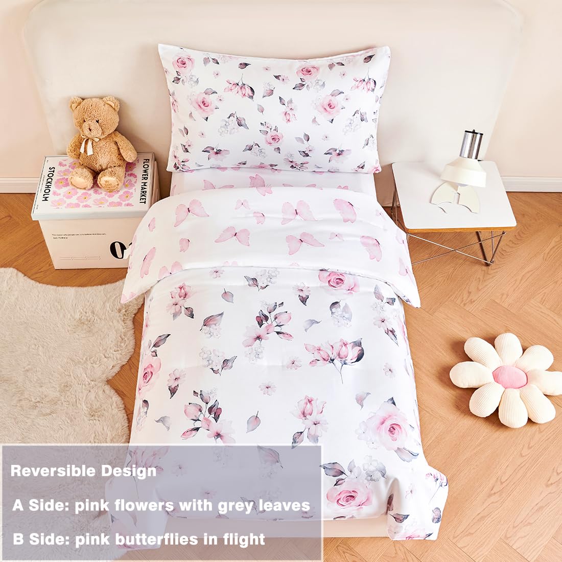 PERFEMET Floral Toddler Bedding 4-Piece Pink Flower Toddler Girls Comforter with Sheet Set Reversible Butterfly Kid Bed Sets-Comforter, Fitted Sheet,Flat Sheet,Pillowcase