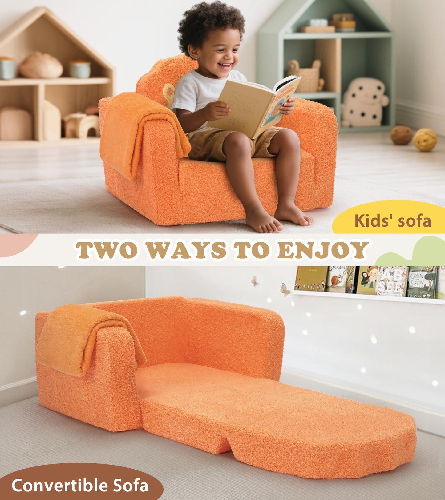 Foryoomi Upgraded Kids Couch, 2-in-1 Soft Top-Flip Fold Out with Blanket, Comfy Convertible Plush Sofa Chair, Great Gifts for Little Ones, Lion