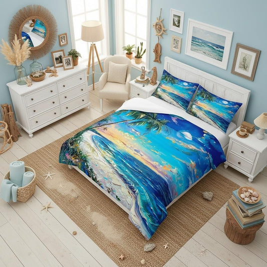 Castle Fairy Seaside Hawaii Comforter Queen,Tropical Coconut Tree Watercolor Oil Painting Quilt Comforter with 2 Pillowcases,Sea Ocean Beach Coastal Bedding Set Comfortable,Soft and Breathable