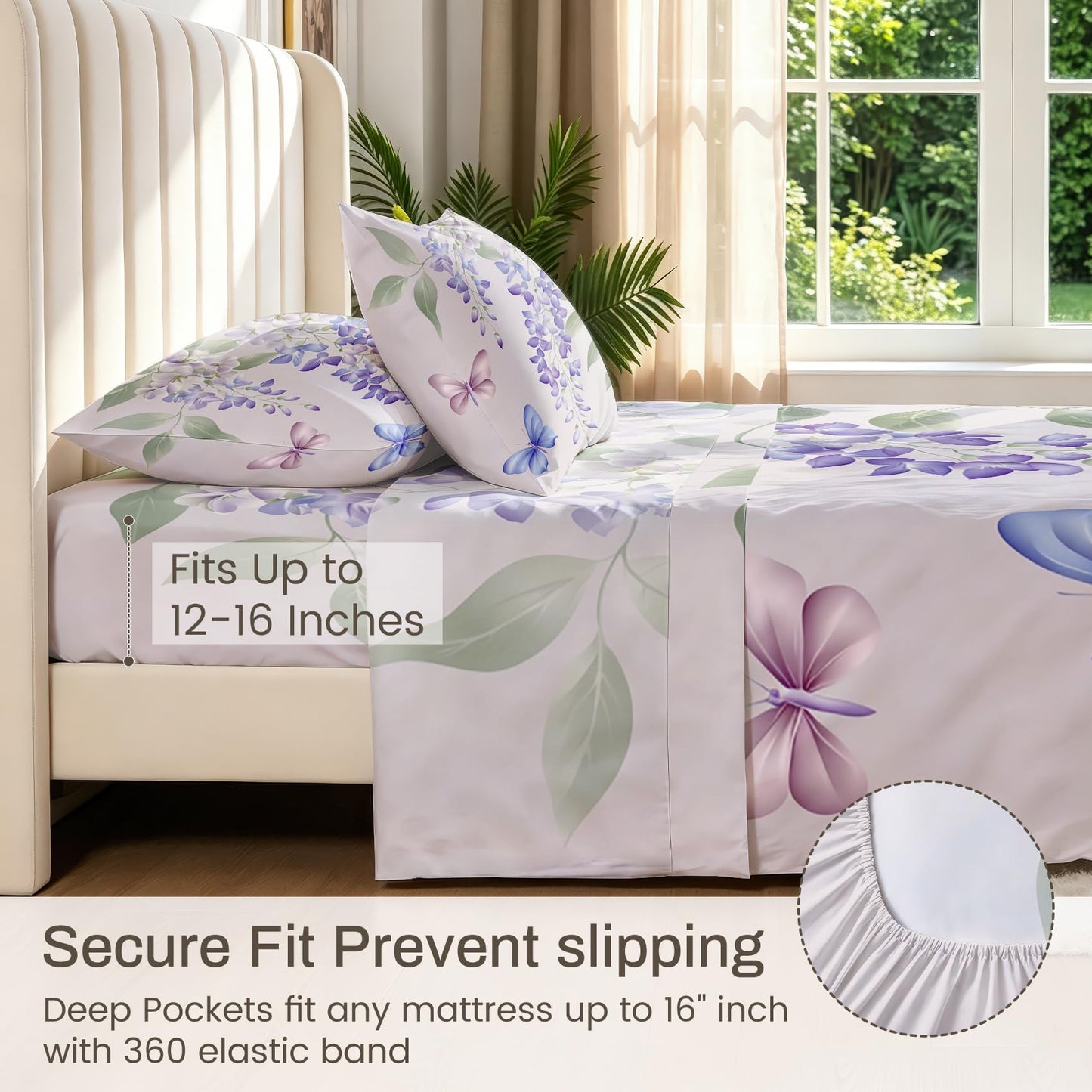 Wisteria Flower Sheet Set, 4 Pcs Queen Size Butterfly Bed Sheets