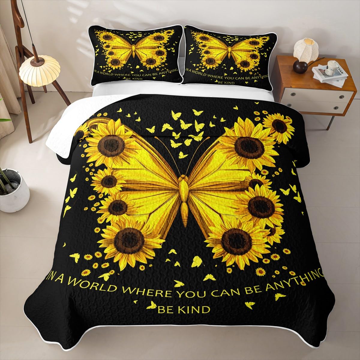 Erosebridal Girl Sunflower Quilt Set Women Butterfly Quilt Full Blossom Floral Quilted Bedspread Rustic Farmhouse Bedding Coverlet with 2 Pillowcases