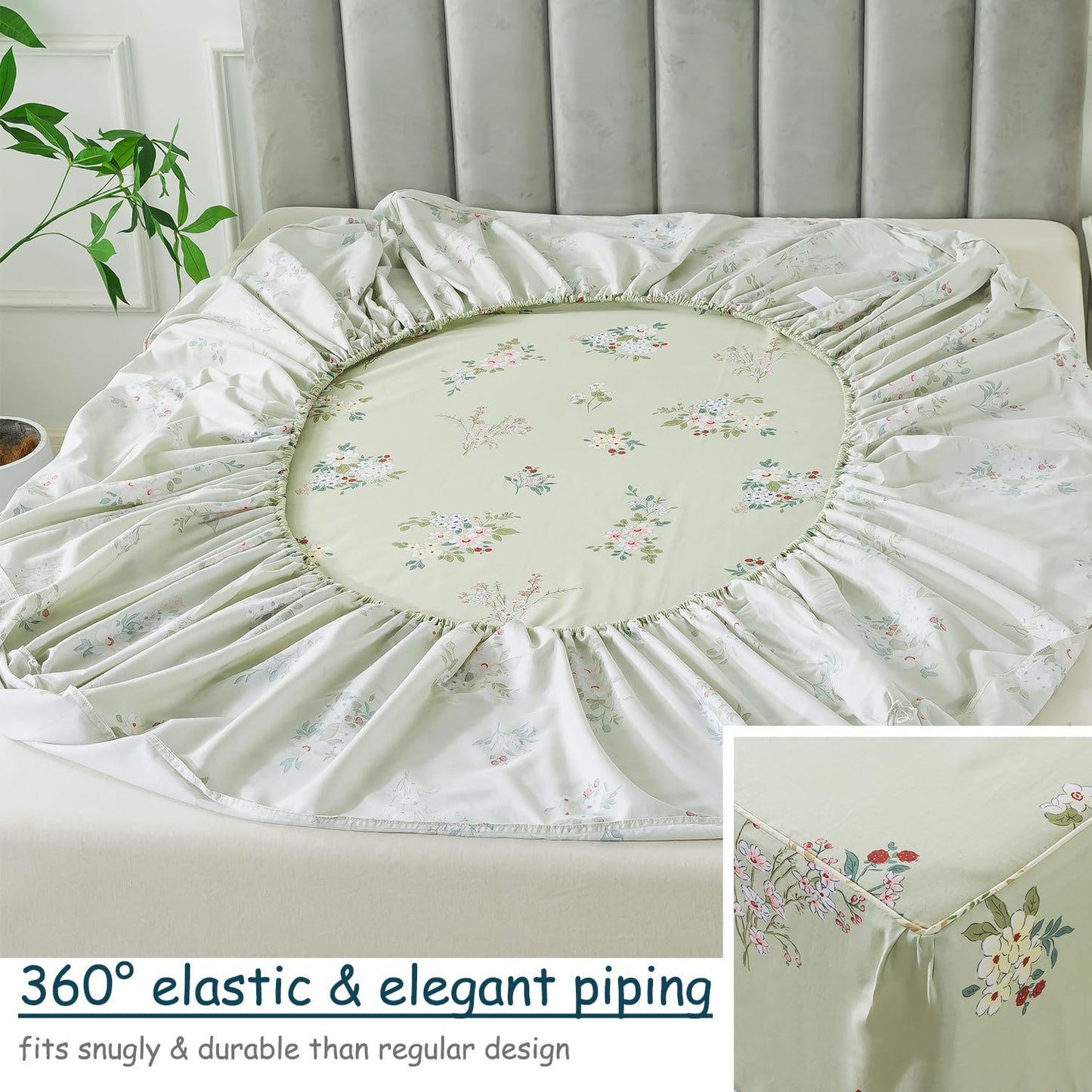 FADFAY Queen Sheet Set Floral Bed Sheets Percale Cotton Botanical Deep Pocket Sheets Sage Green Flower Printed Luxury Bedding Super Soft Breathable for Queen Size Bed 4 Pcs