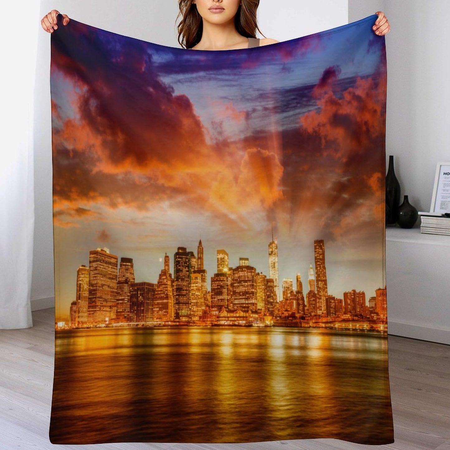 New York Throw Blanket,Sunset City Skyscraper Pattern Soft Cozy Warm Flannel Blankets for Sofa Couch Bed Gifts for Lover Kids Boys Grils Women Adults 30x40 Inch