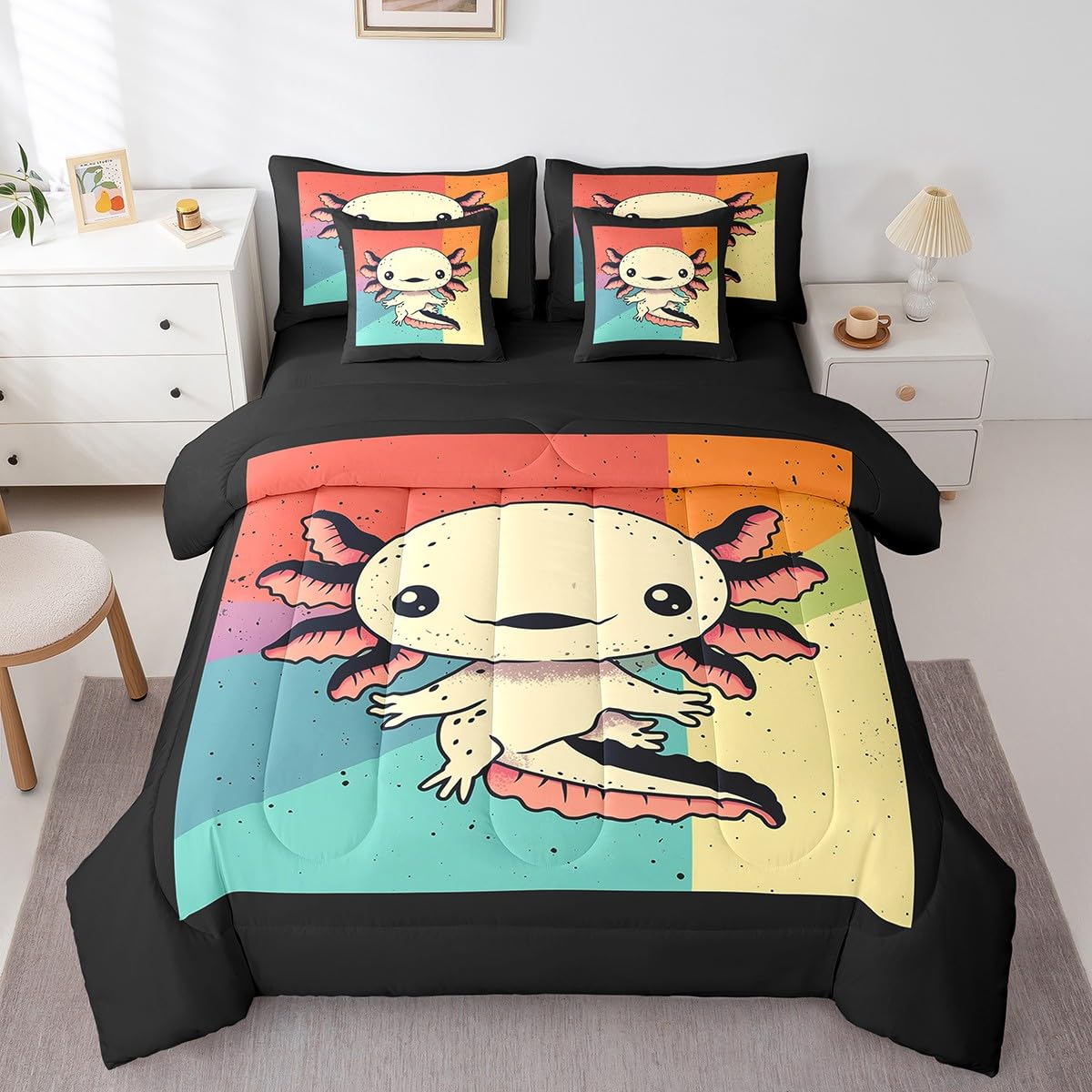 Erosebridal Cute Axolotl Comforter Set 7 Piece Bed in a Bag Twin,Nautical Sea Animal Kawaii Bedding Sets Cartoon Walking Fish Comforter and Sheet Set,Ocean Reptile Bed Set