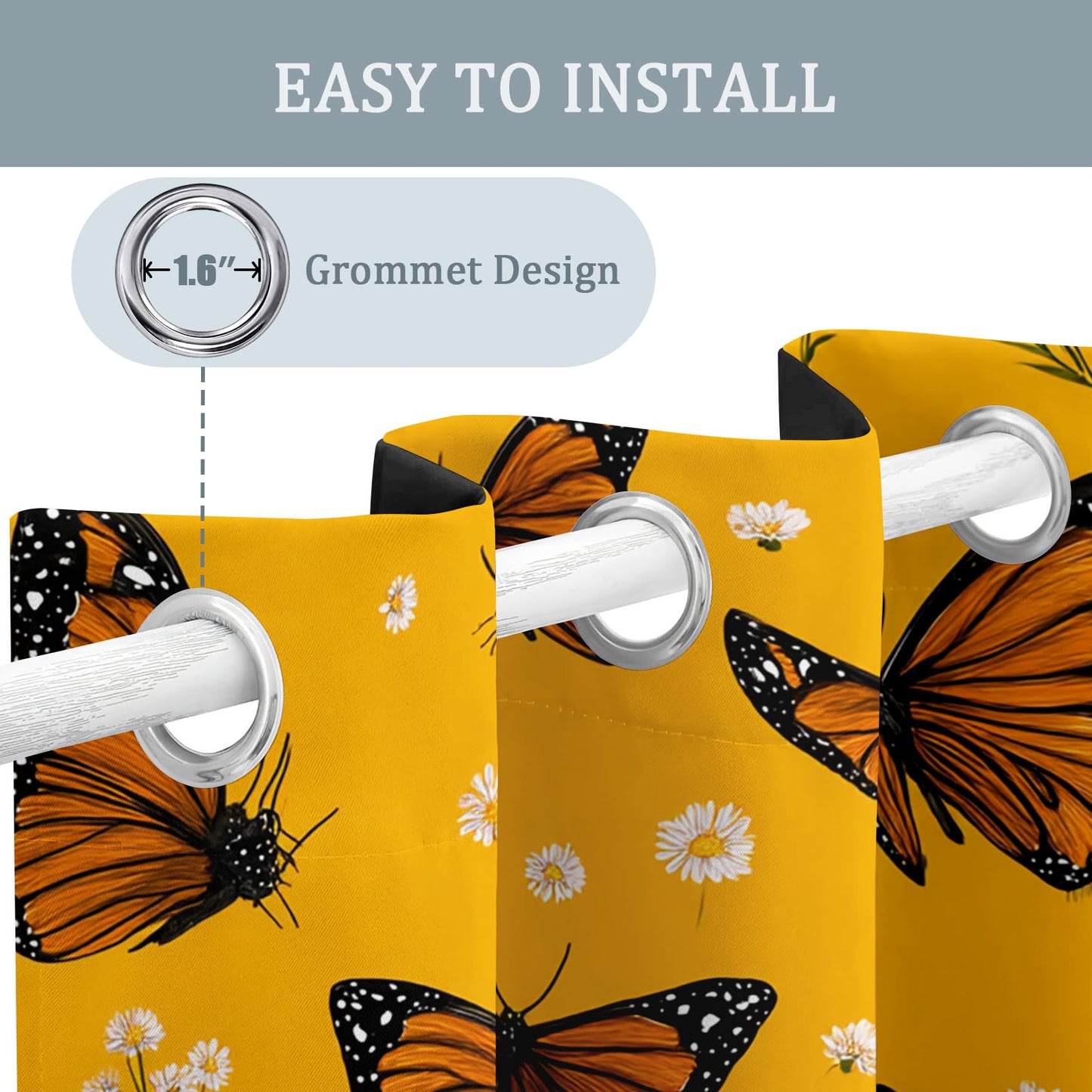 Butterfly Curtains Blackout, 39 Inch - Butterflies Yellow Window Drapes for Home Decor, Kitchen, Bedroom, Butterfly Room Decor, Grommet & Thermal Insulated, 2 Panels AC1122