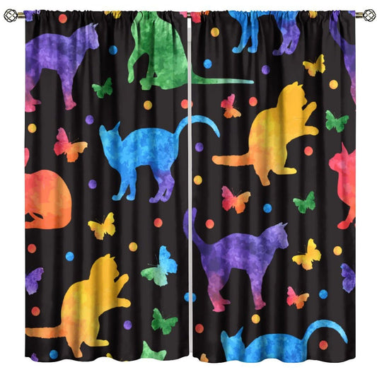 JADERYS Cat Blackout Curtains Colorful Cartoon Funny Animal Butterfly Cat Silhouette Black Kids Girls Boys Bedroom Living Room Rod Pocket Decoration Window Drapes 2 Panels W21xL45in