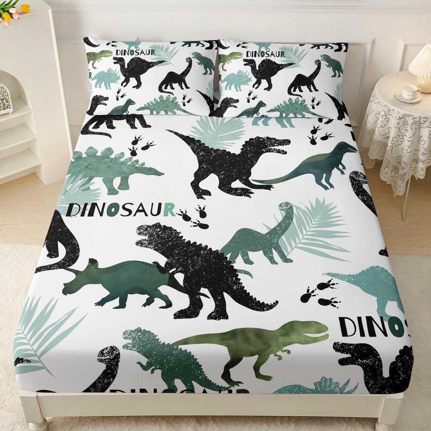 AILONEN Dinosaur Kids Fitted Sheet Set, Black and Green Dinosaur Bed Sheet Set, Soft Fitted Sheet with 2 Pillowcases for Boys