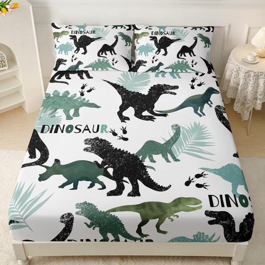 AILONEN Dinosaur Kids Fitted Sheet Set, Black and Green Dinosaur Bed Sheet Set, Soft Fitted Sheet with 2 Pillowcases for Boys