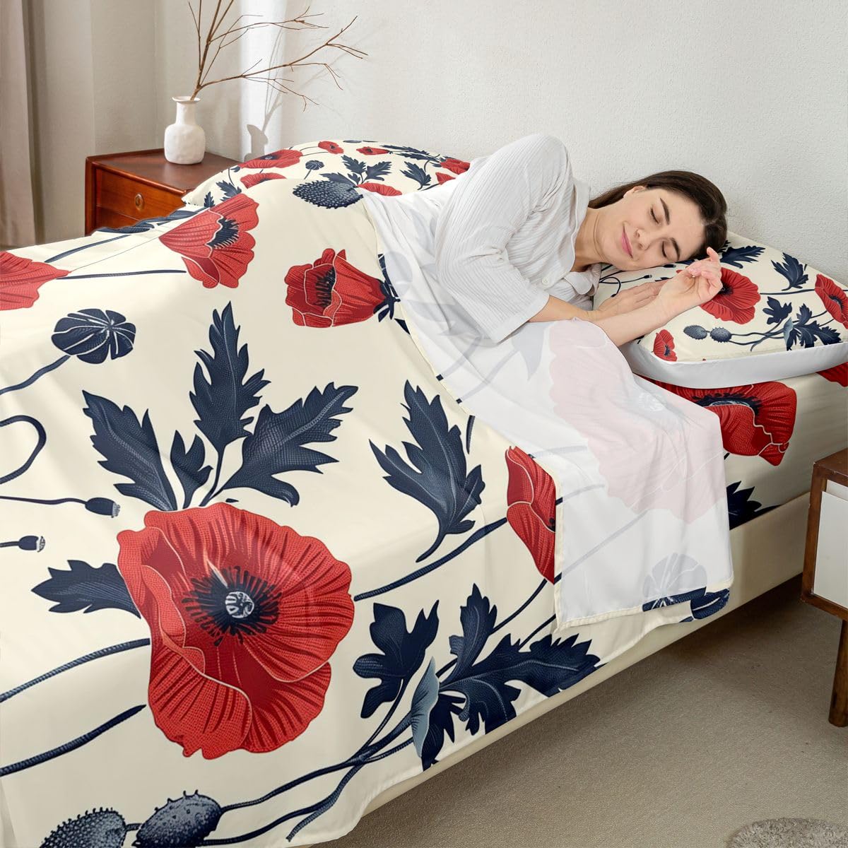 Feelyou Flower Bed Sheets Sets Queen Size Kids Boys Girls Red Floral Bedding Set Botanical Bed Sheet Set with 16-Inch Deep Pockets Spring Garden 4Pcs with 2 Pillow Cases Floral Flower Blossom Printed