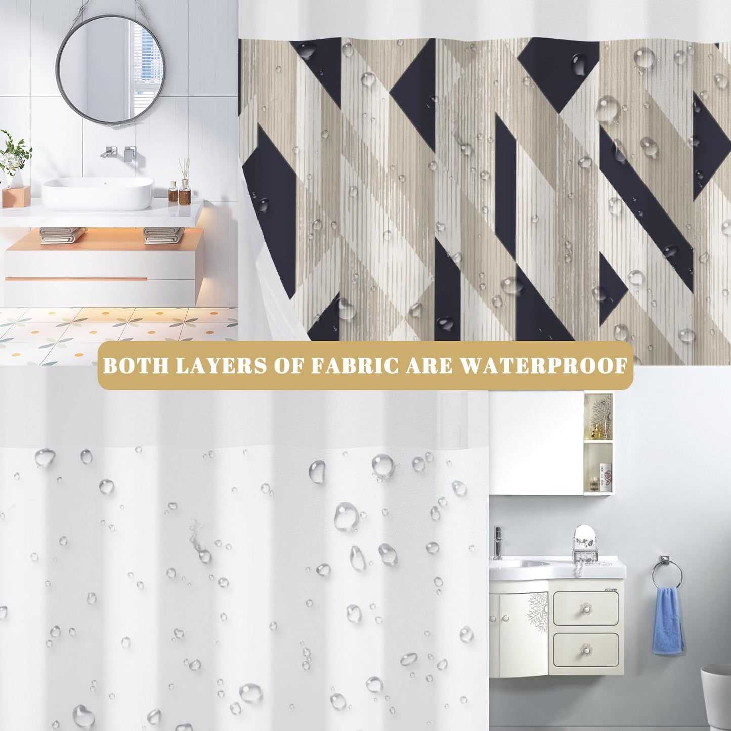NAEMBCU No Hook Shower Curtain with Snap in Liner, Modern Black and Beige Geometric Print - Mesh Top Waterproof Double Layer Bath Tub Curtain for Contemporary Neutral Bathroom Decor, 71W x 74H