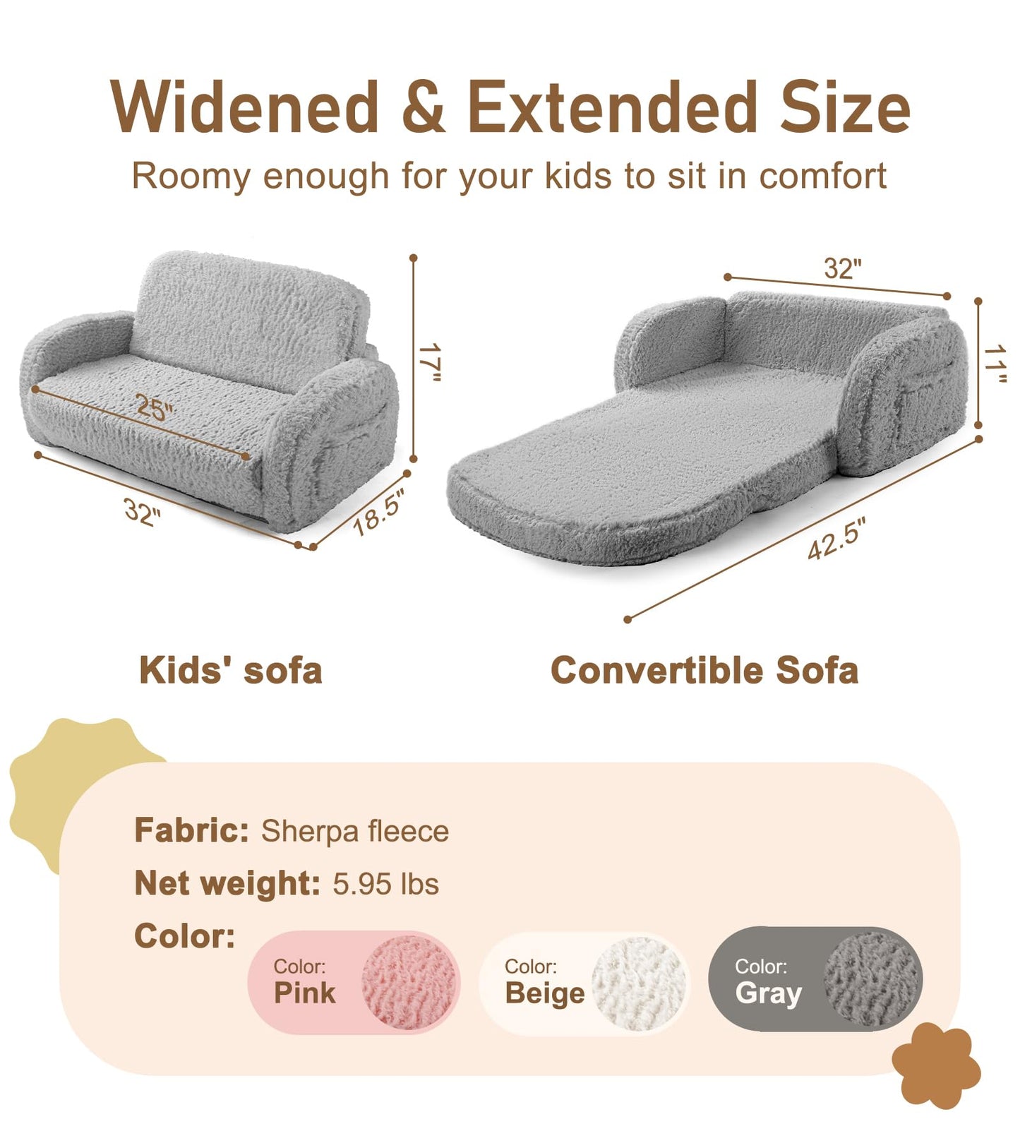 little dove 2-in-1 Sherpa Fold Out Kids Couch, Extra Wide Comfy Kid Chair, Convertible Kids Sofa, Foldable Kid Couch with High Density Foam for Boys & Girls, Gray