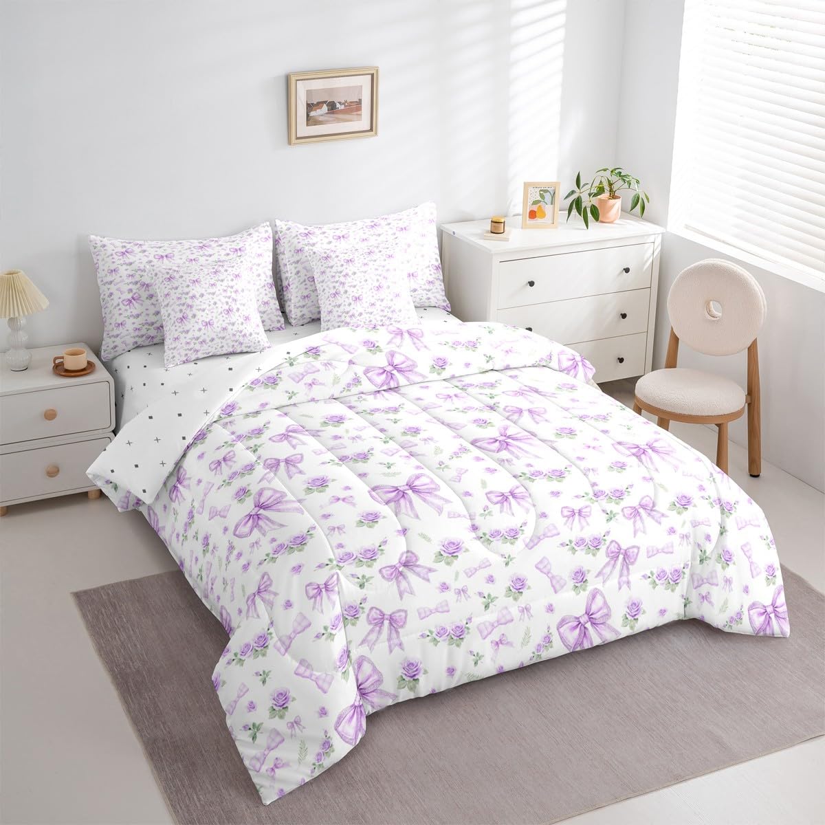 Erosebridal 7 Piece Purple Bow Bedding Set for Toddler Kids Teen Girl Girly Rose Floral Bow Twin Comforter Set with Sheets Preppy Bed in A Bag Aesthetic Coquette Bedding Comforter Sets with Flower