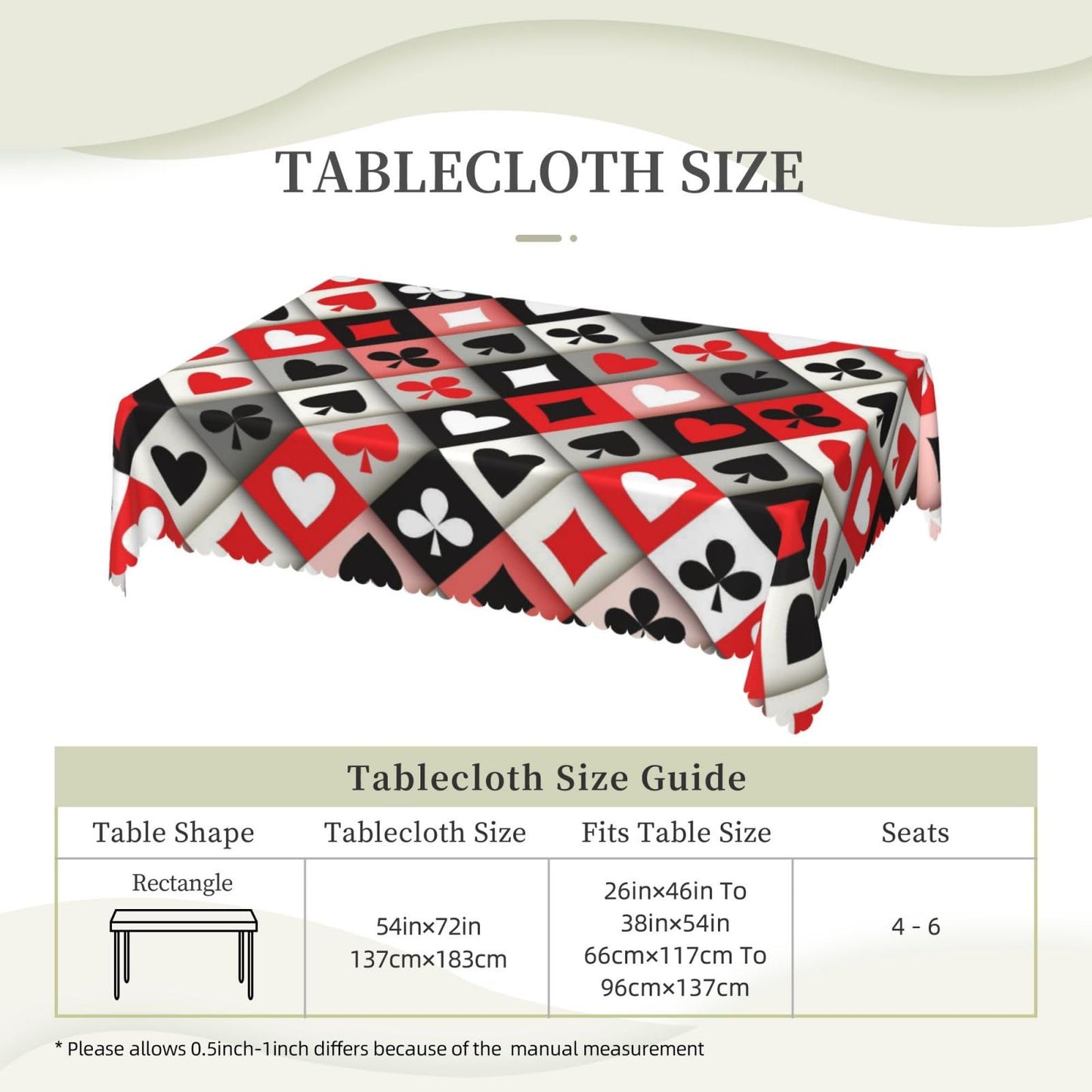 XIOURERY Card Suits Table Cloths Decorative for Dining Room, Poker Plaid Washable Tablecloth for Home, Restaurant, Outdoor Party Table Cover 54x72 Inch