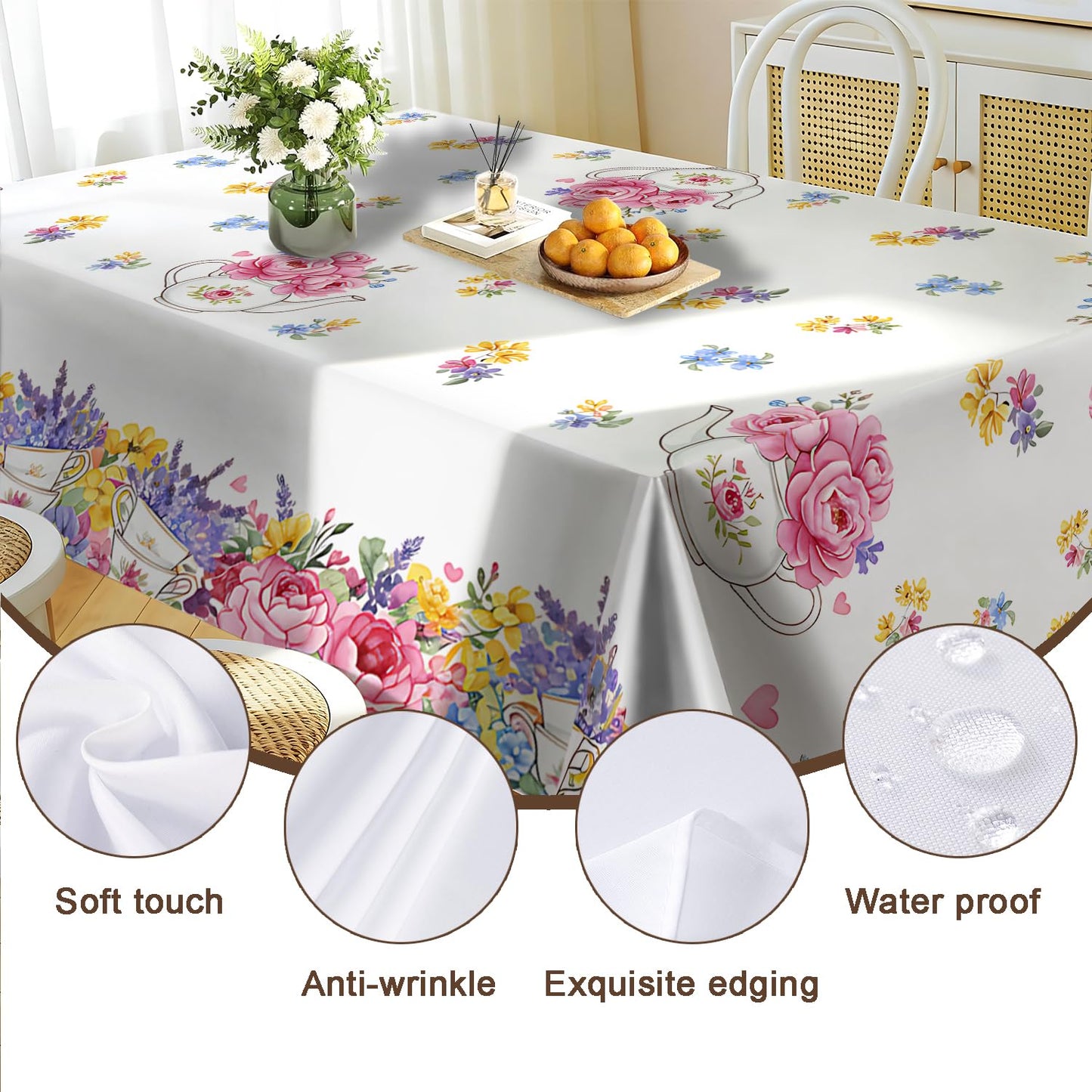 GAGEIZO Reusable & Waterproof Rectangular Tablecloths for Kitchens, Parties, Birthdays, Patios, and Outdoor Events Decorations Floral Table Cloth,8FT/126 x 60 Inch