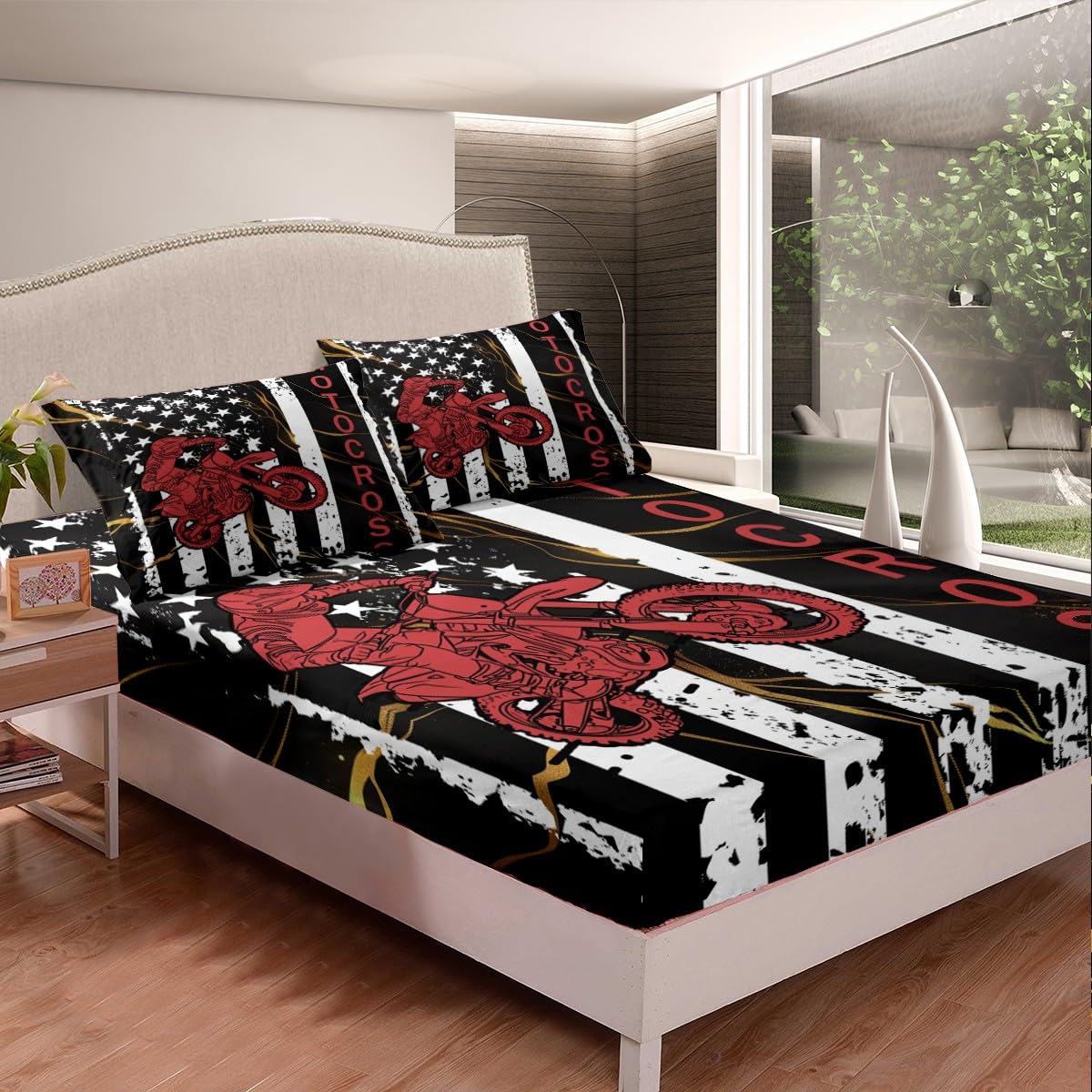 Dirt Bike Fitted Sheet for Teens, American Flag Bedding Set Twin, Motocross Rider Extreme Sport Bed Sheet United States Federations Stars Fitted Bed Sheets for Kids Boys Adult, Black White White