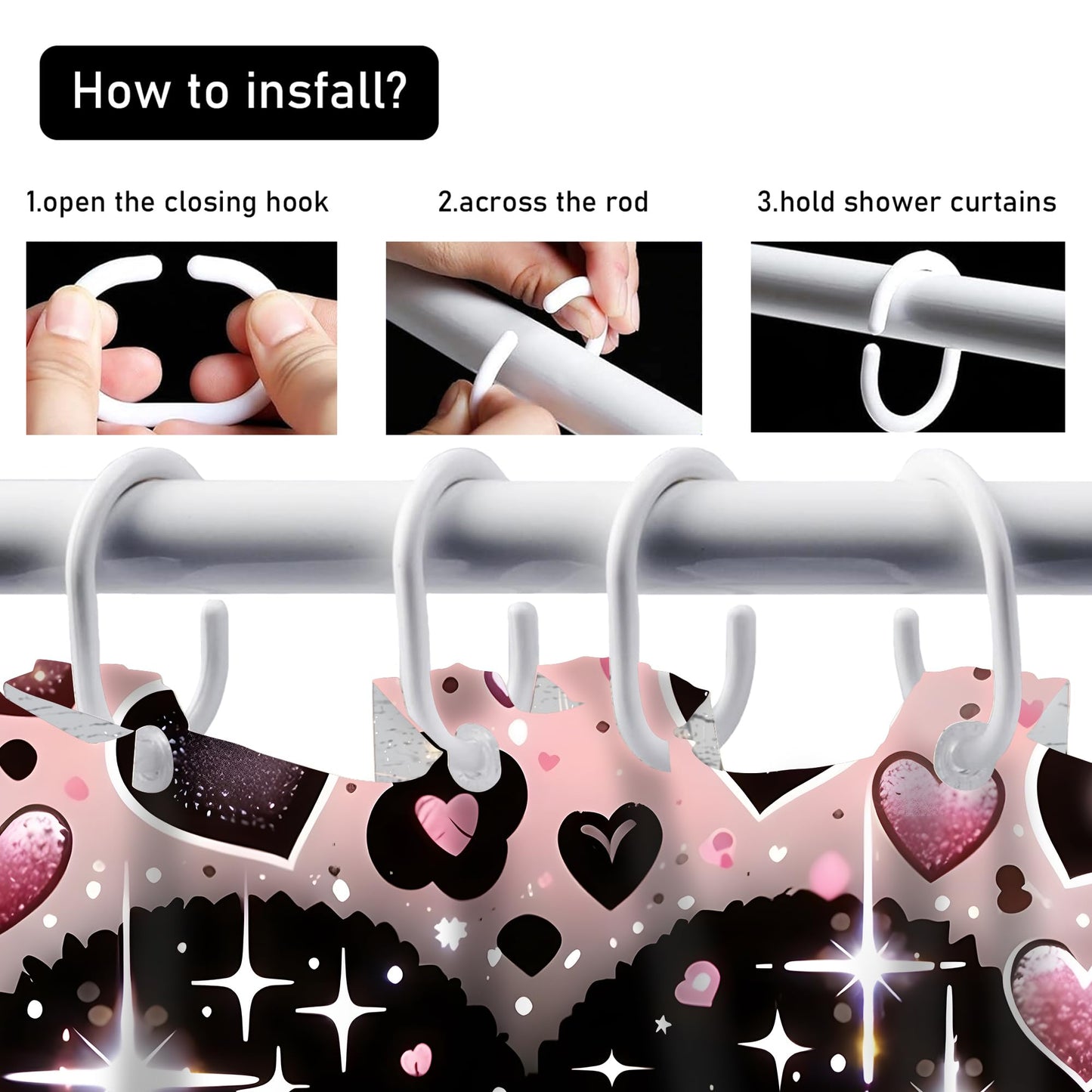 AZHM Romantic K Heart Shower Curtain Set 4 PCS Pink Love Theme Bathroom Decor for Wedding and Valentine's Day Gift with Rugs and 12 Hooks