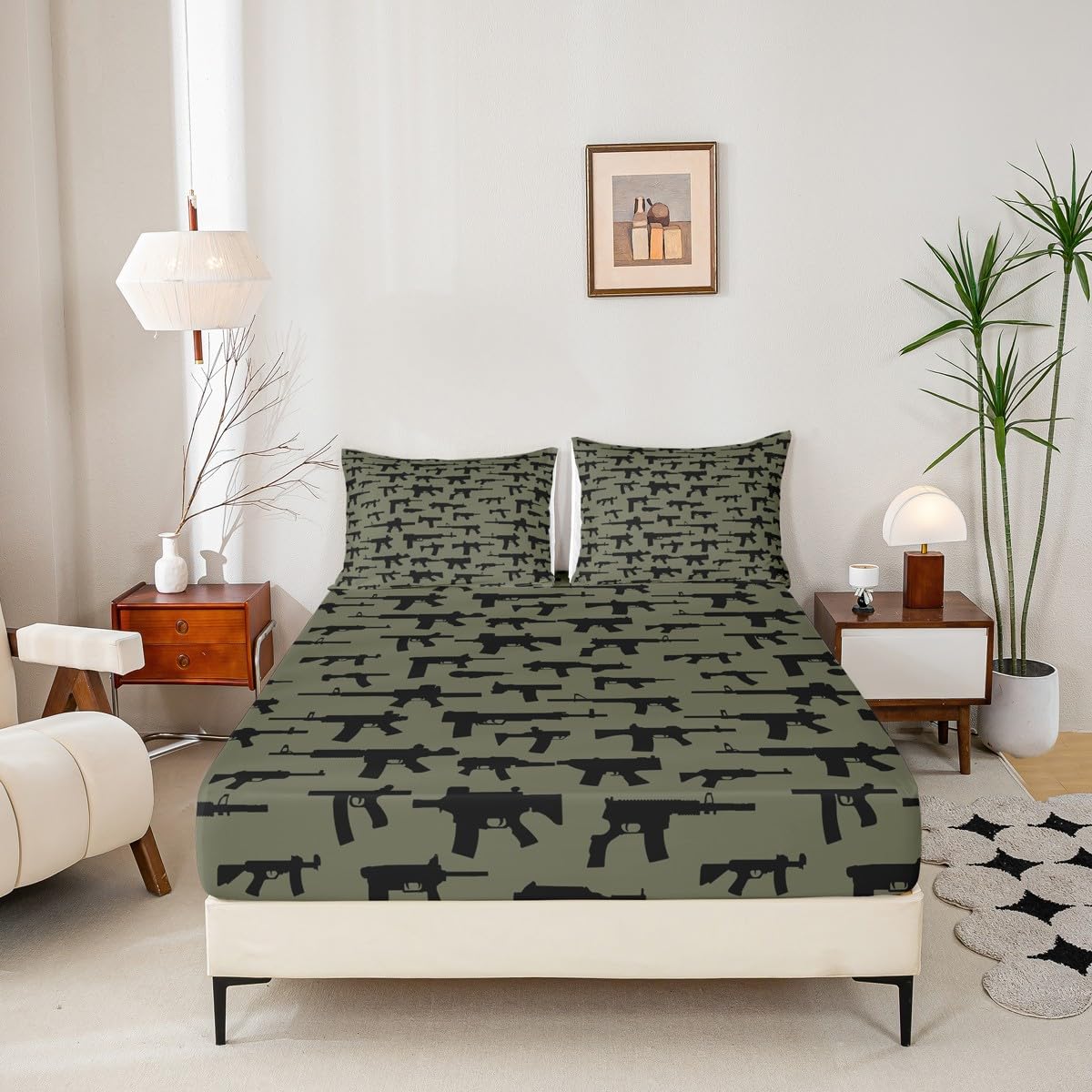 Erosebridal Machine Guns Bed Sheet Set King Size for Boys Teens Men Bedroom Military Theme Bedding Sets,Army Rifle Pattern Fitted Sheet & Flat Sheet Soft Microfiber Sheet Set 3 Piece Army Green