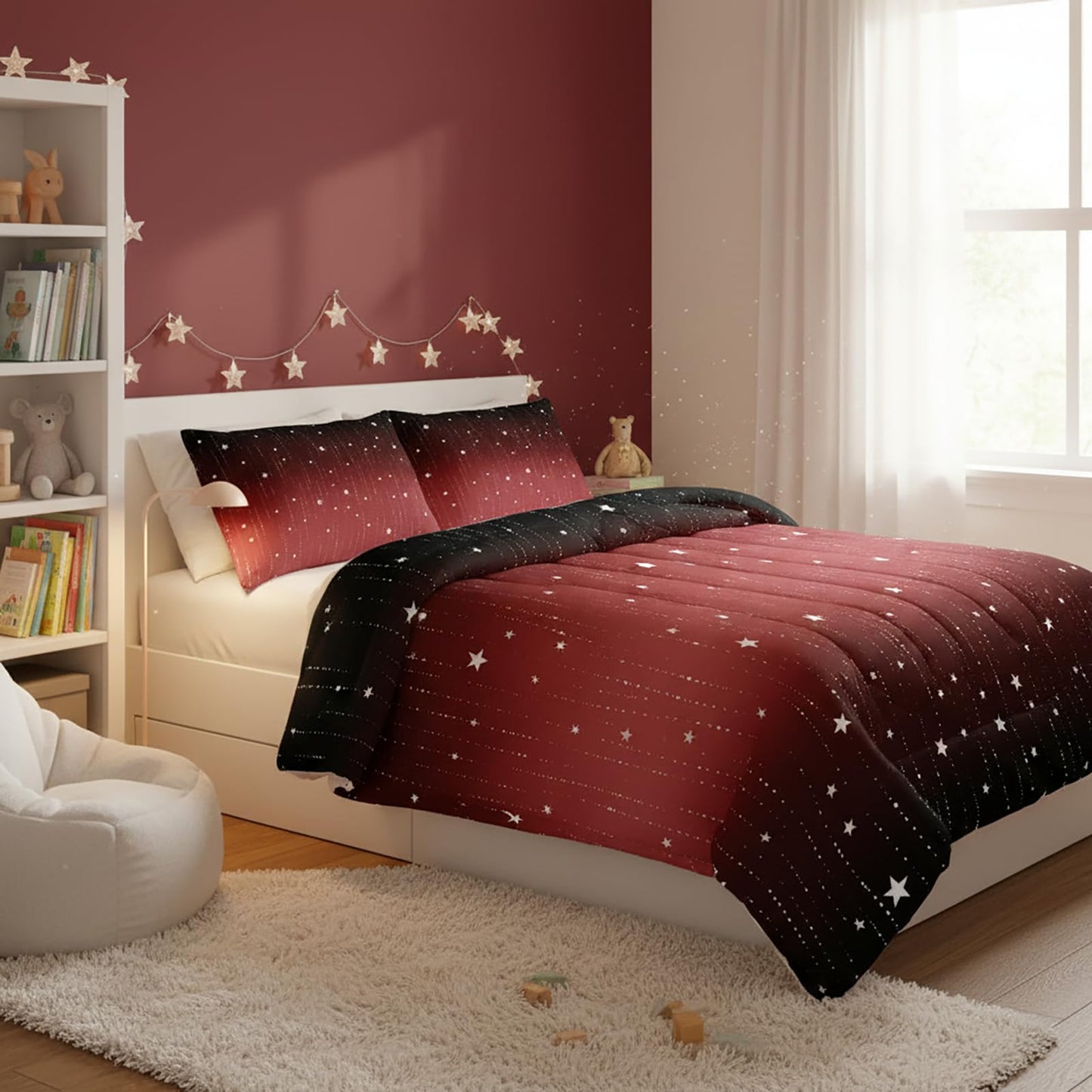 QOOMO 3Pcs Glitter Star Comforter Set Twin,Galaxy Bedding Set for Teens Boys Girls,Red and Black Printed Comforter with 2 Pillowcases,Down Alternative,Soft and Lightweight