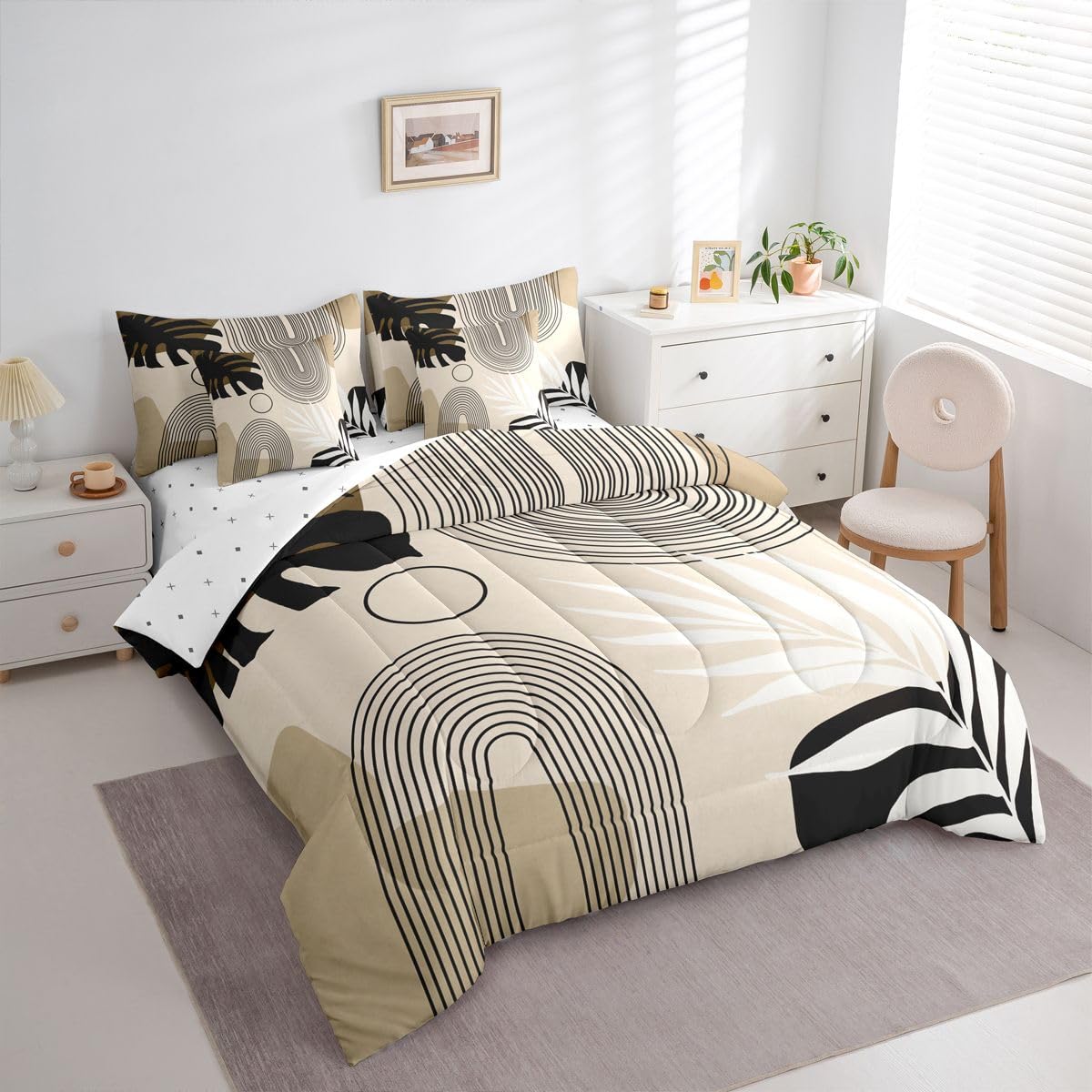 Erosebridal Boho Mid Century Full Comforter Set with Sheets, Modern Minimalist 7 Pcs Bedding Set, Abstract Arch Geometric Bed in A Bag, Tropical Palm Leaf Aesthetic Bed Sets, Black Beige Brown