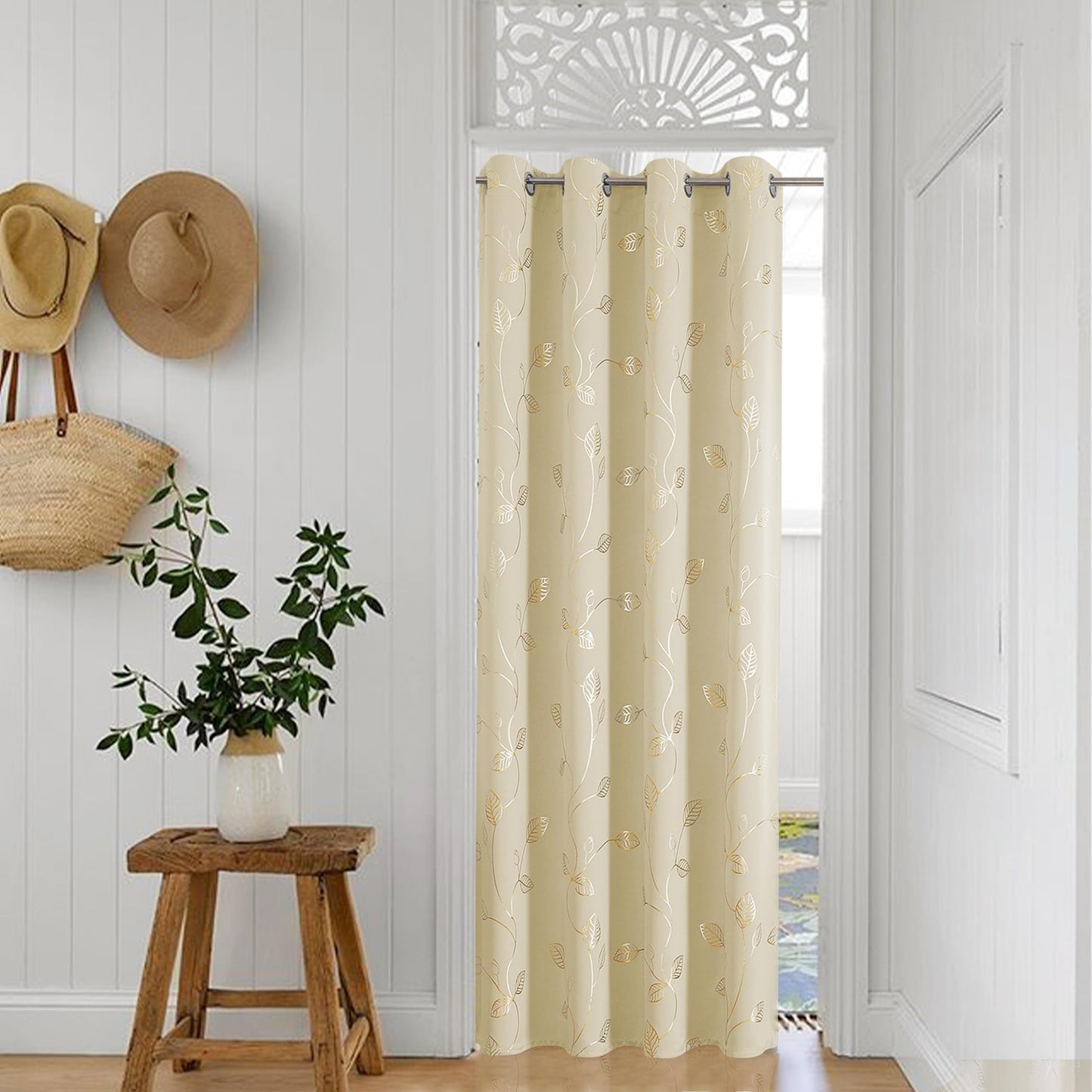 BUHUA Heat Blocking Curtains, Black Out Curtains 63 Inch Long 2 Panels Burg, Soundproof Curtains with Gold Leaf Printed (52 x 63 Inch, Beige, Set of 2 Panels)