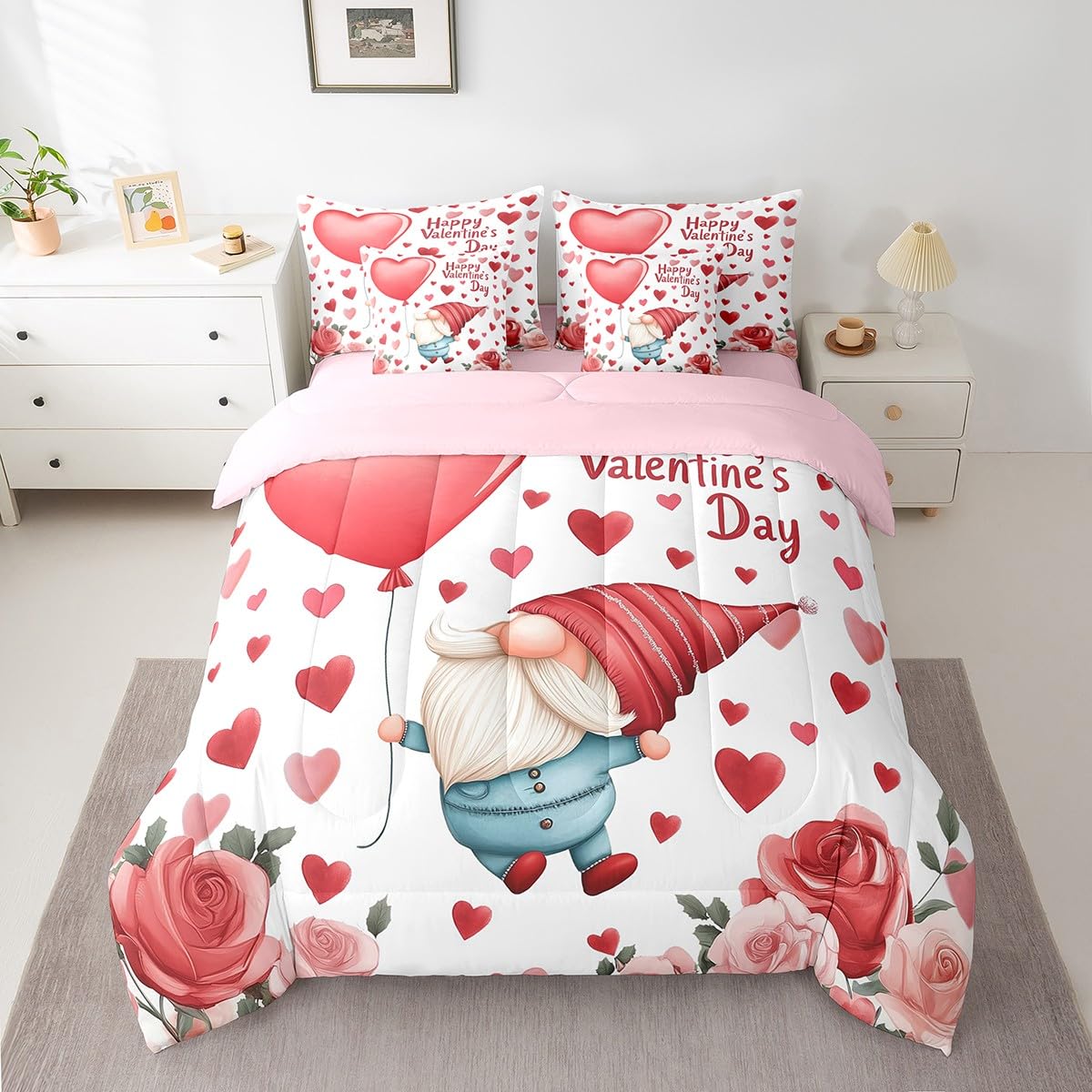 Erosebridal Valentines Gnome Queen 7 Piece Comforter Set with Sheets - Cute Gnomes Red Rose Floral Bedding Sets, Romantic Love Bed Set with Fitted + Flat Sheet for Kids Girls Women Room Decor