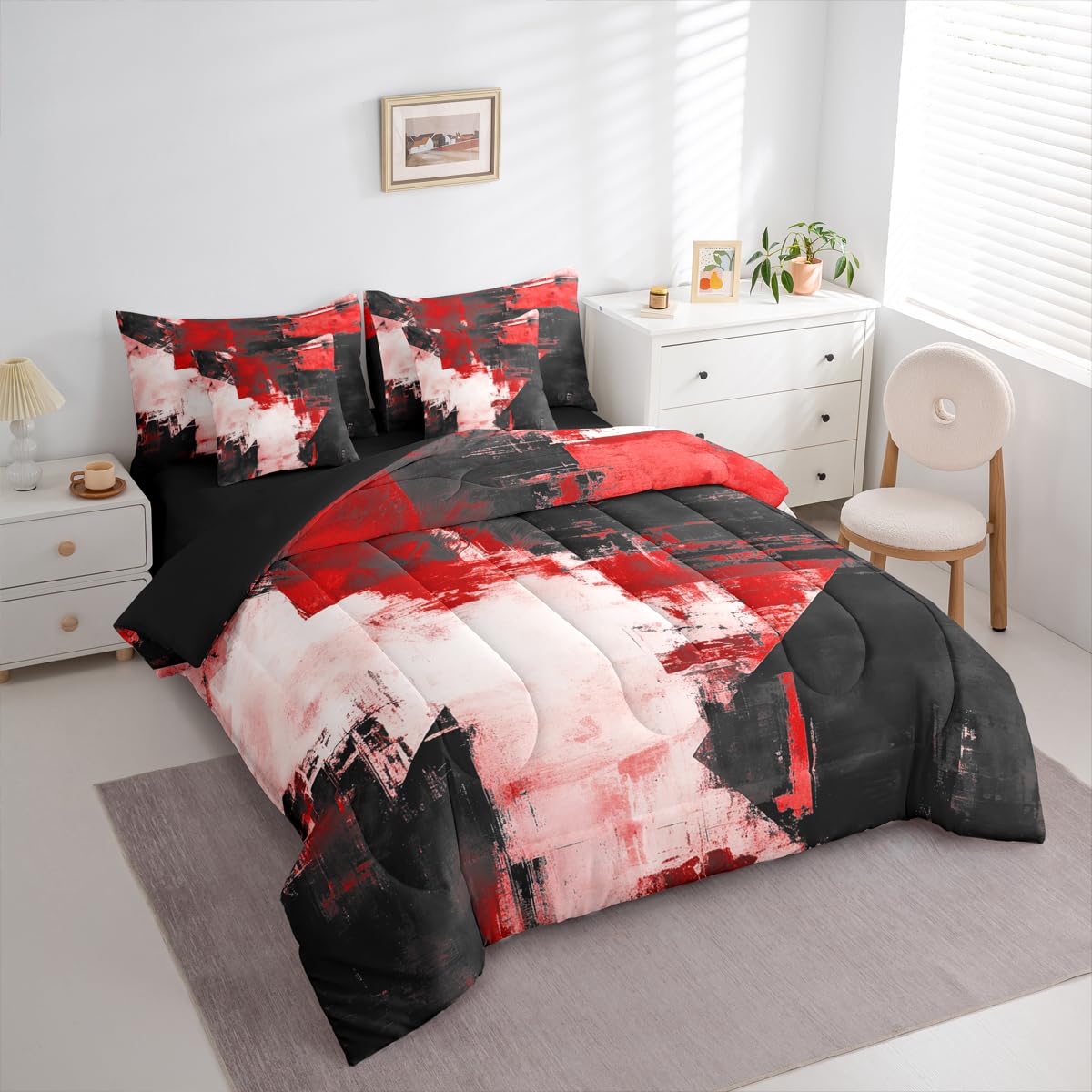 Feelyou Abstract King Comforter Set with Sheets for Kids Boys Girls Modern Abstract Art 7 Pieces Bedding Set Luxury Bed in a Bag Geometric Room Decor Red Balck Soft Lightweight Microfiber