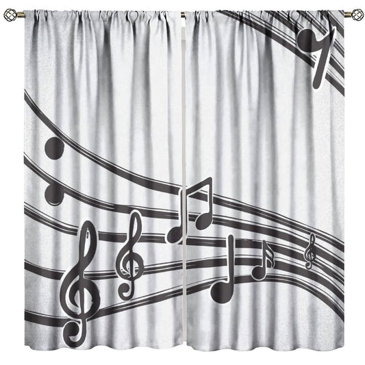 Musical Note Curtains, Vintage Minimalist Geometry Art Grey Black Music Spectrum Pattern Home Decoration Window Treatments, Blackout Rod Pocket Drapes For Living Room Bedroom Kitchen Bathroom 42x45in