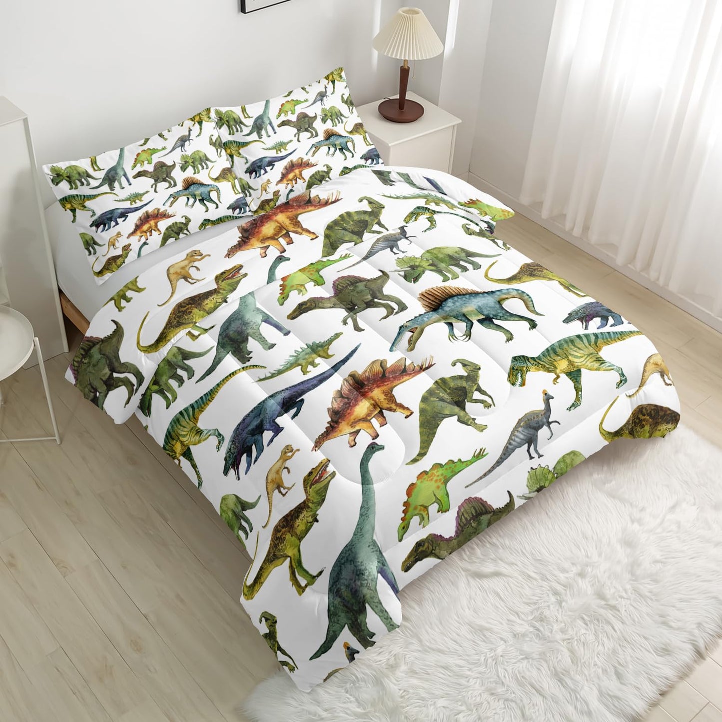 Nttopship Dinosaur Comforter Sets King，Dinosaur Printed Quilt Set for Bedroom Soft Microfiber All Season Print Quilt Set with 1 Comforter and 2 Pillow Case